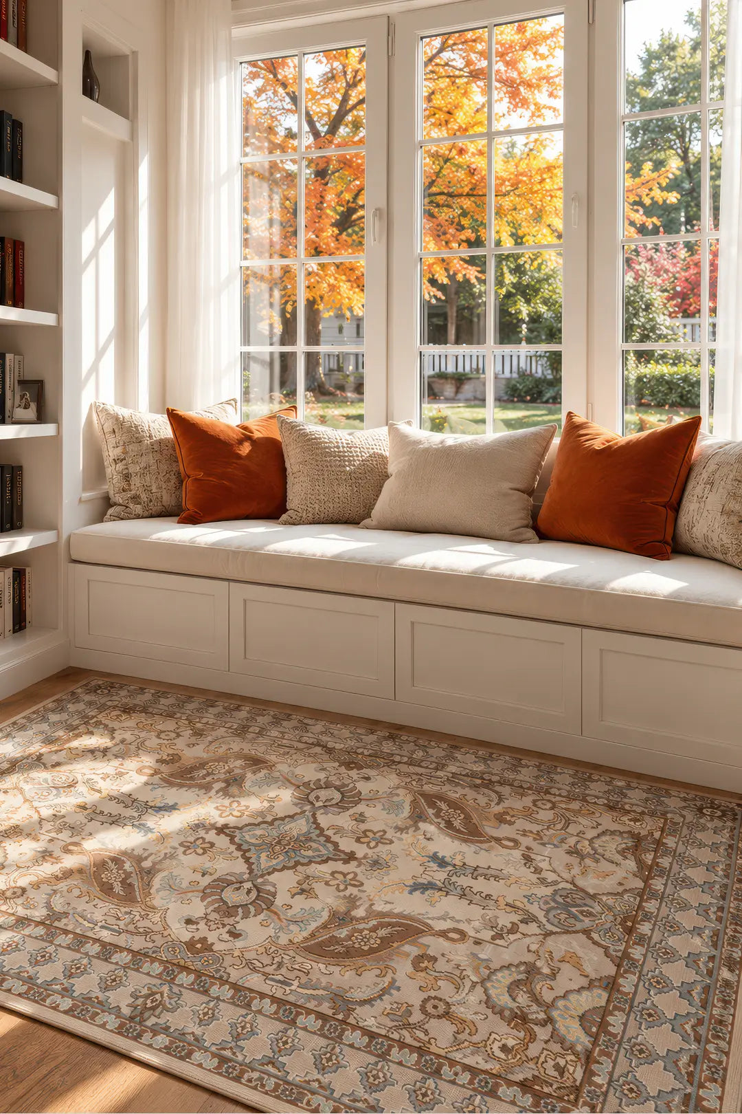 A cozy sunlit room corner with a built-in white window seat, patterned throw pillows, and a large beige and brown ornamental area rug on the floor. Large white-framed windows show autumn trees outside.
