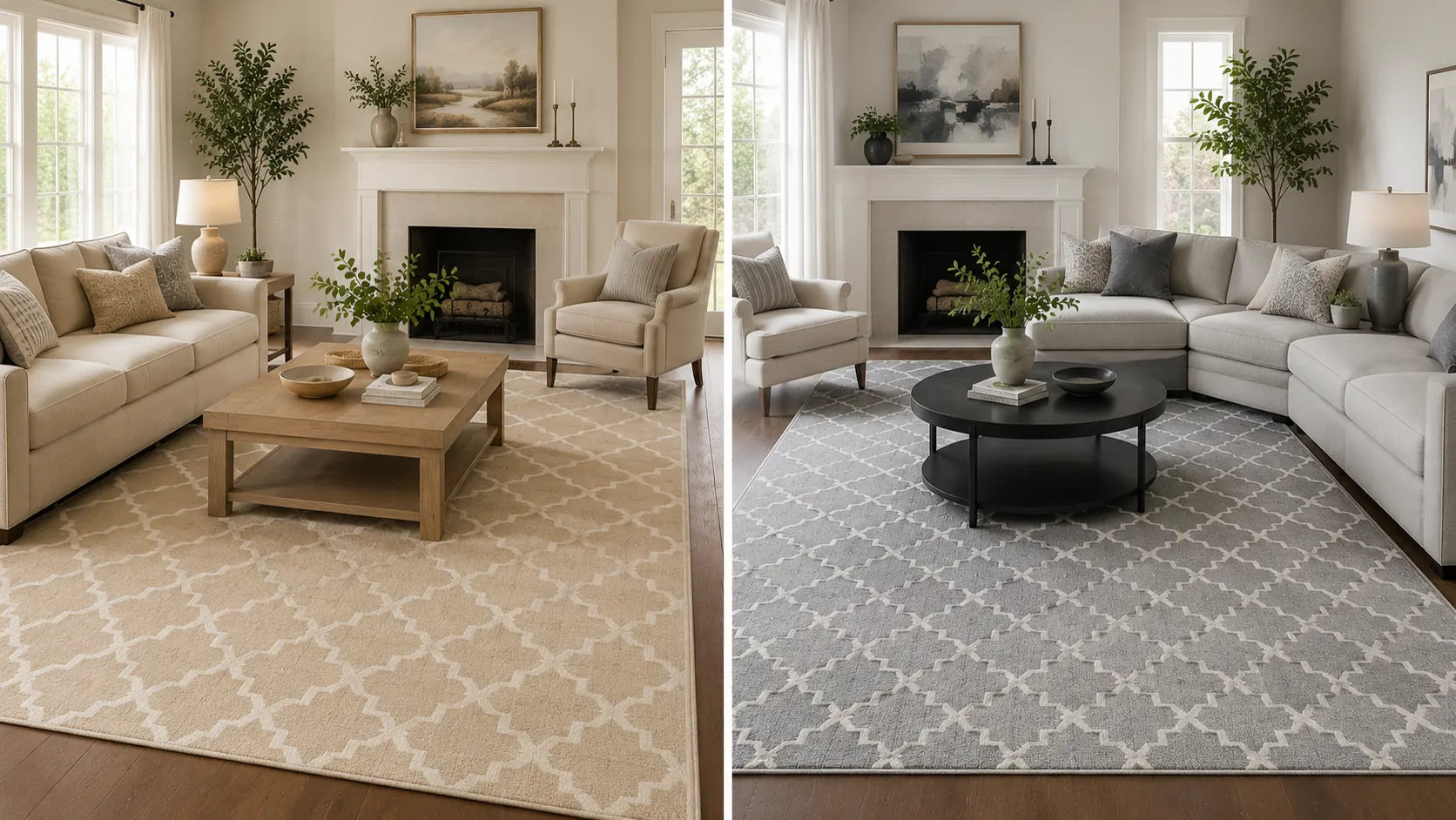 A side-by-side comparison of two living room setups featuring patterned area rugs. The left setup shows a beige living room with a beige trellis-patterned rug, a light wood coffee table, and a cream sectional sofa.