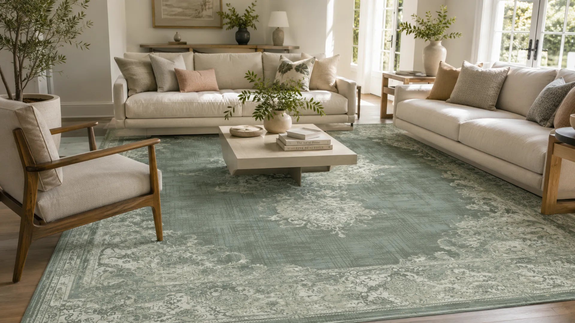 A large rectangular area rug in muted sage green and cream with an ornate distressed floral pattern, shown in a bright, modern living room setting with sofas, an armchair, and a coffee table.