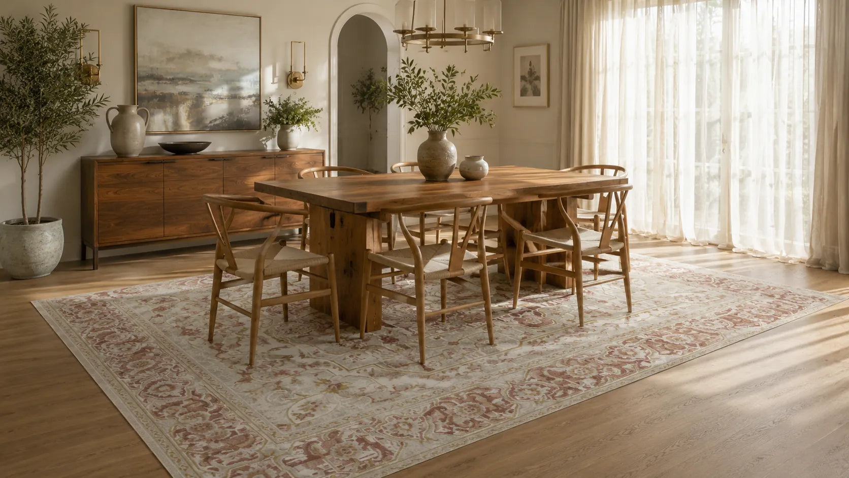 A warm, modern dining room featuring a rectangular wooden dining table and six matching wooden chairs arranged on a large beige and dusty pink patterned area rug. 