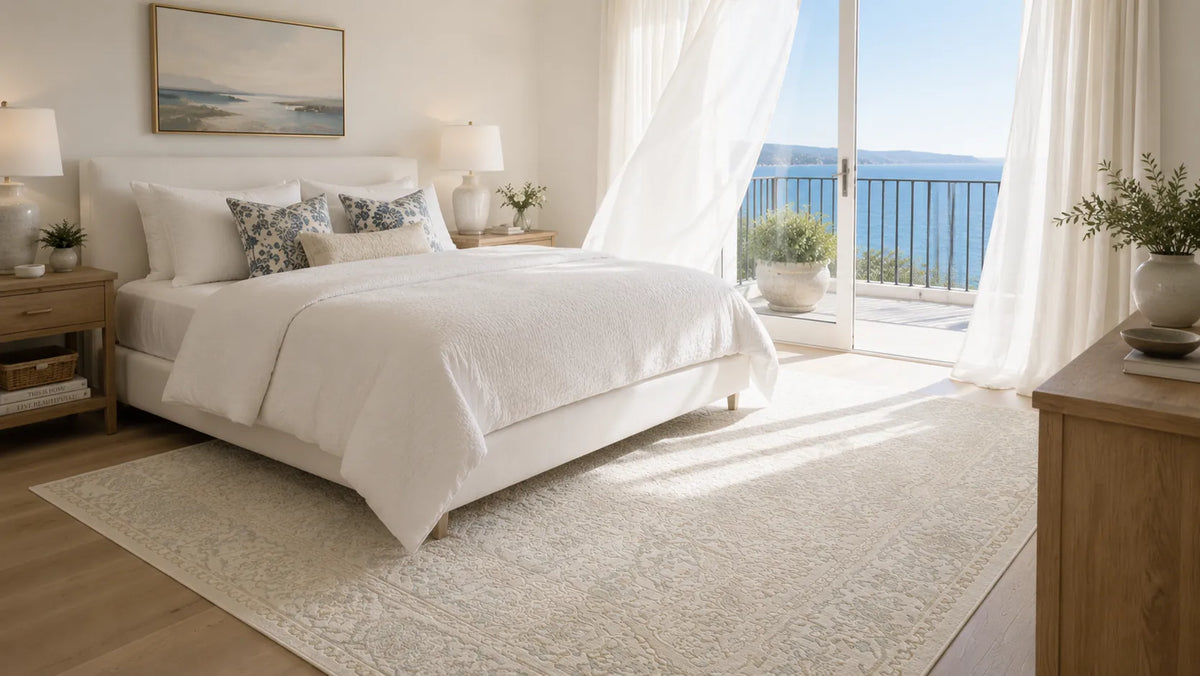 A bright, modern bedroom featuring a large white textured bedspread, matching pillows, a light beige patterned area rug, and a large window with white curtains overlooking the ocean.