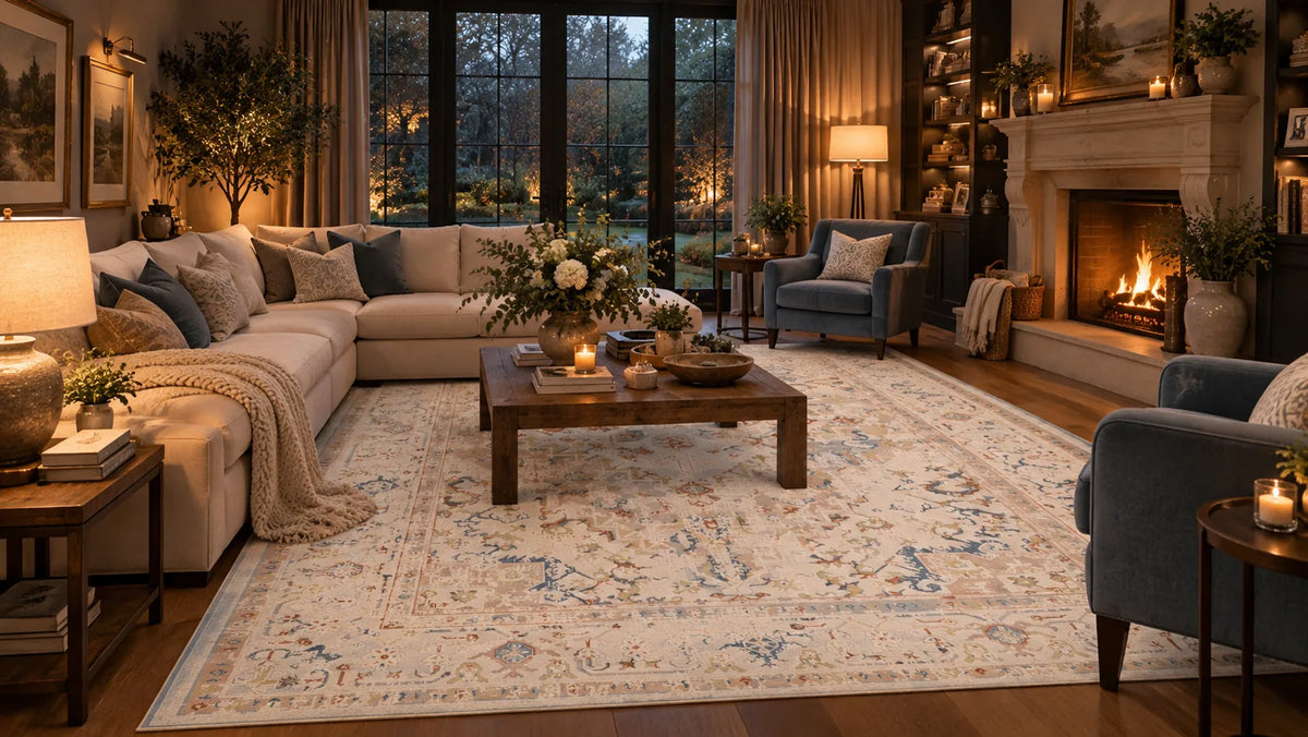 A bright stylish vintage rug in a dark living room and it makes brighter the room.