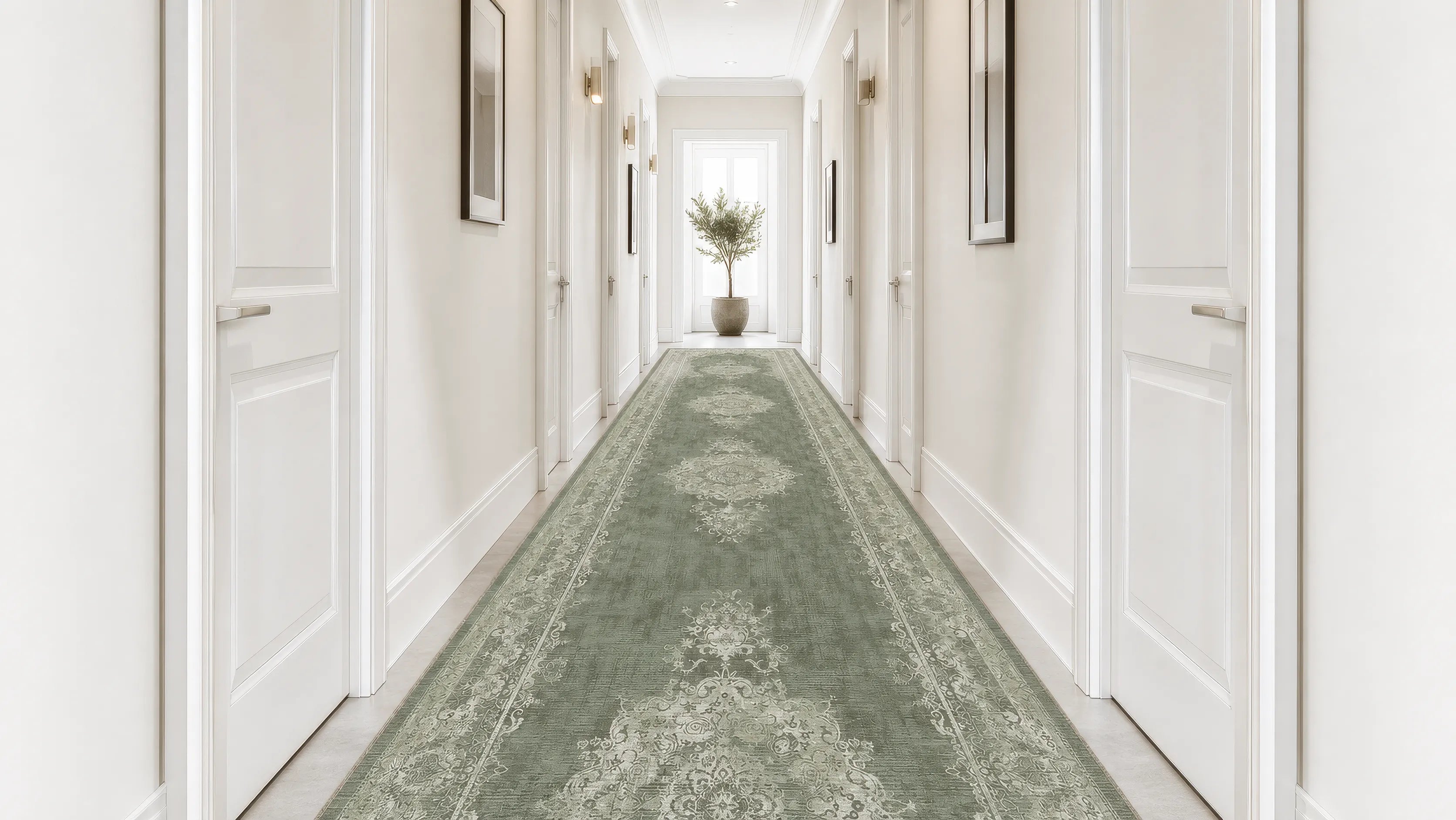 A long hallway with white paneled doors and walls, featuring a green patterned runner rug laid across the floor. A potted plant stands near a window at the far end of the corridor.
