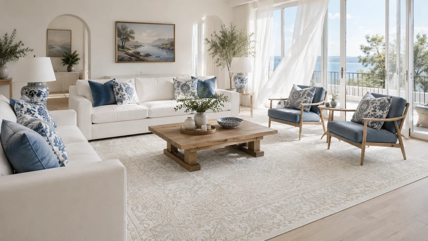 A bright, modern living room featuring a white sofa, two blue upholstered armchairs with blue patterned pillows, a wooden coffee table, and a large light beige patterned area rug. Large windows with sheer white curtains offer a view of the ocean