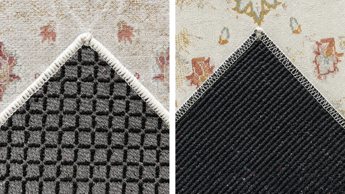 Close-up detail of a patterned area rug showing two views: the front with a cream fringe trim and a black geometric grid pattern with chenille backing, and the reverse side showing a black ribbed cotton backing with a white stitched edge.