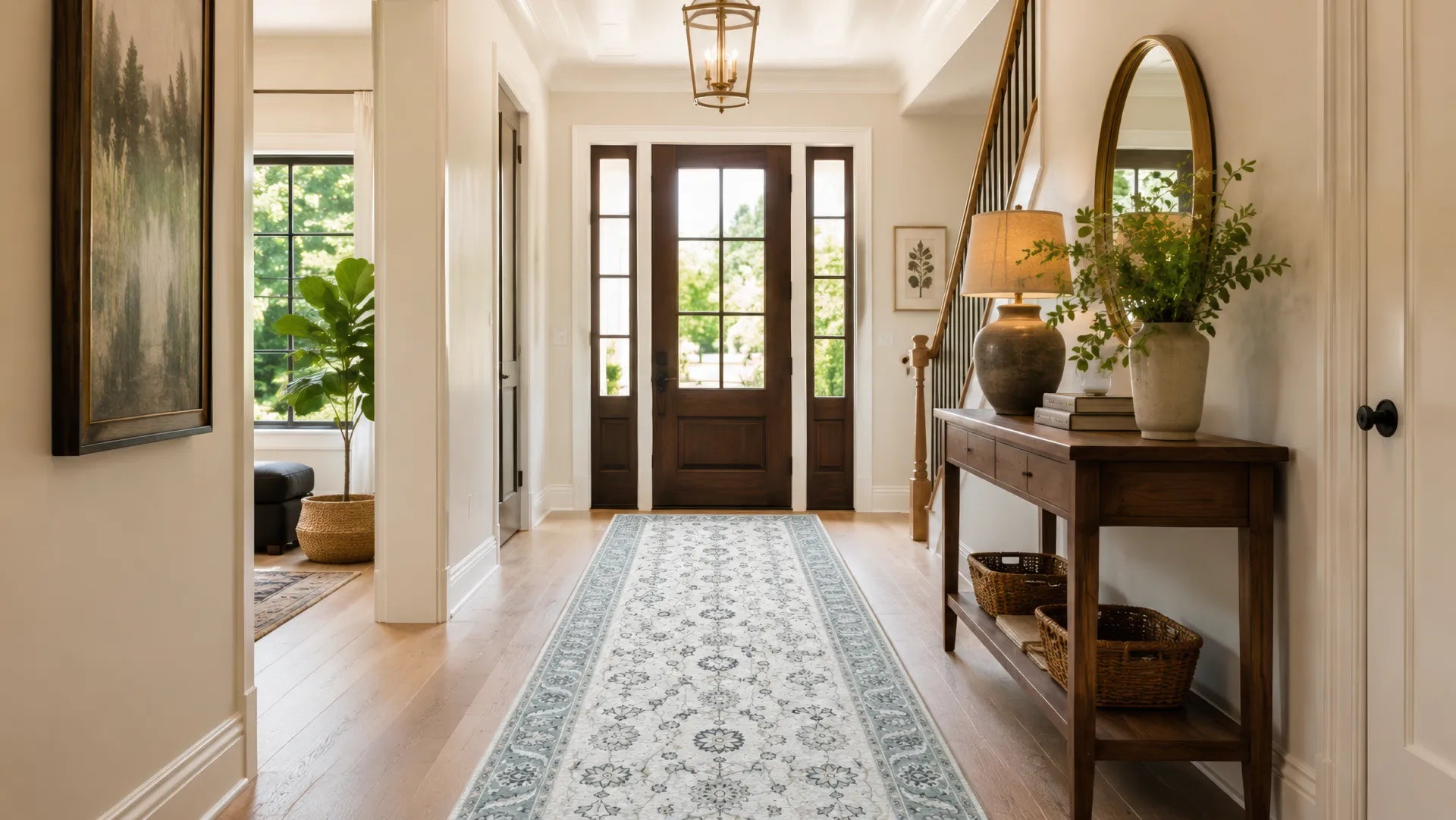 A long rectangular area rug with a blue and white traditional floral pattern is displayed in a bright, modern entryway hallway with light wood floors and a wooden console table on the right.