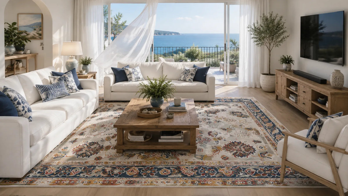 A styled living room with a large traditional patterned area rug as the focal point, featuring white sofas, a wooden coffee table, and an ocean view through large windows.