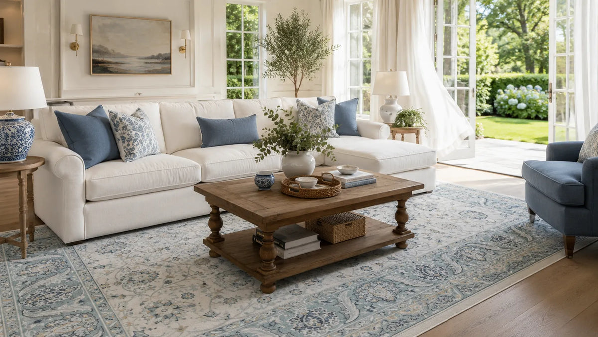 A beautifully styled living room featuring a white sectional sofa with blue accent pillows, a rustic wooden coffee table, a large blue and white patterned area rug, and a blue armchair, set in a bright room with large windows overlooking a green garden.