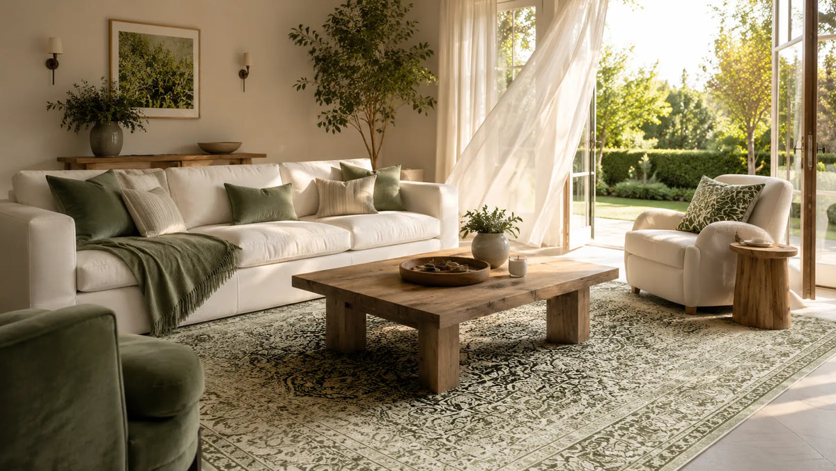 A styled living room interior with a white sectional sofa, green throw pillows and blanket, a wooden coffee table, a patterned area rug, a matching accent chair, and large windows looking out onto a garden.