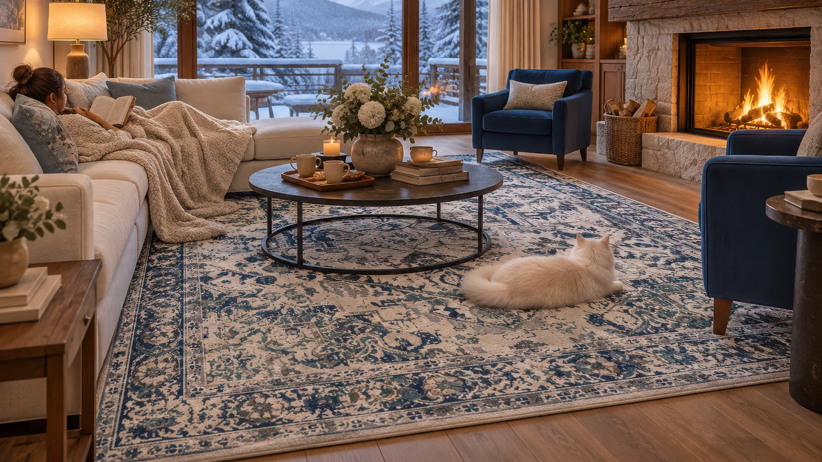 A large blue and cream distressed pattern area rug in a cozy, modern living room with a fireplace, a person reading on a sofa, and a white cat lying on the rug.