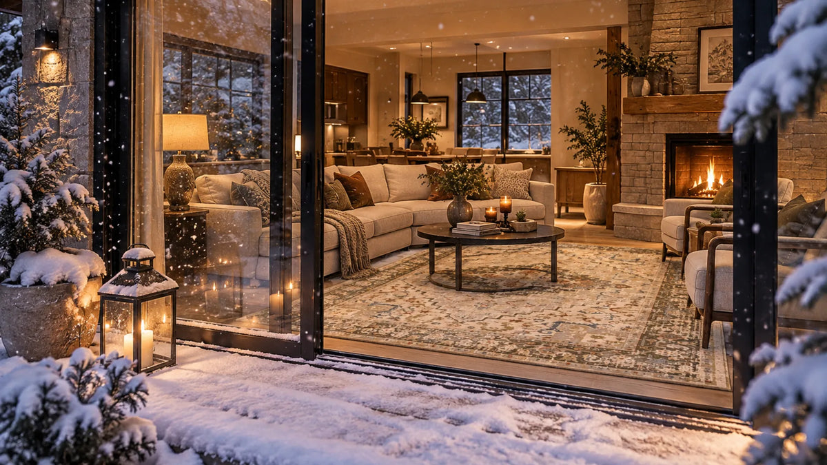 A cozy winter scene viewed through large glass doors from a snow-covered patio, showing a warmly lit living room with a sectional sofa, fireplace, coffee table, and rug.