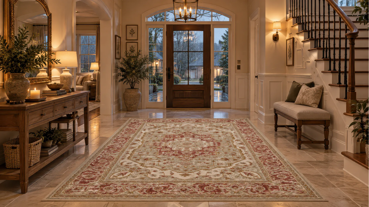 A large traditional-style area rug with a red and beige medallion pattern, displayed in a beautifully styled entryway with a staircase, console table, and warm lighting.