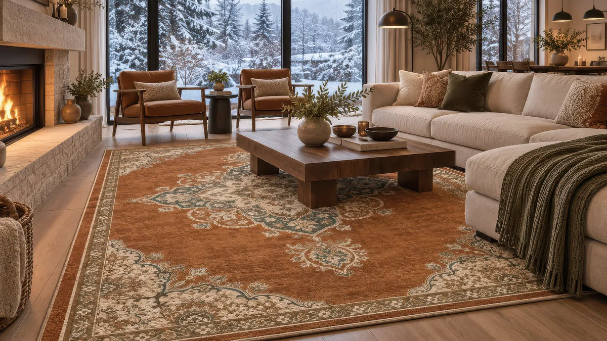 A stylish vintage area rug in a well decorated living room with coffee-table and sofas. A banner for how to layer a rug for cozy winter home.