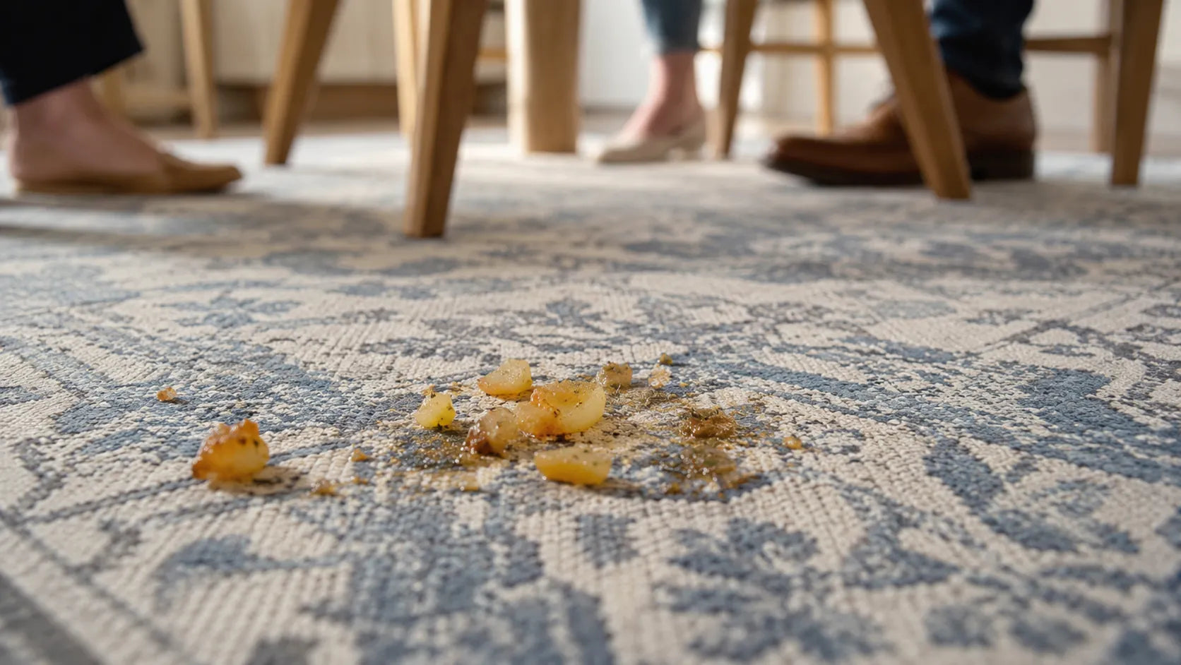 A close-up of a patterned area rug in a home setting, with crumbs and small food pieces scattered on the surface. The legs and feet of people sitting at wooden chairs are visible in the blurred background.