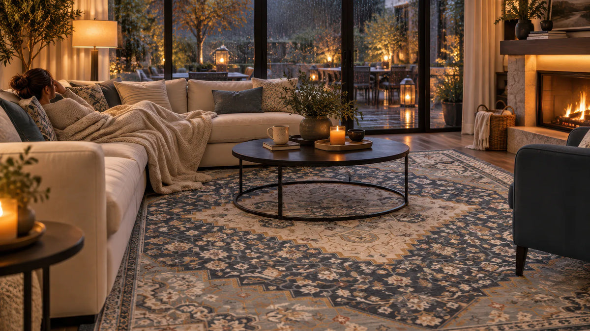 A large traditional-style area rug with a blue, beige, and gray floral pattern in a cozy living room setting. The rug is styled under a cream sectional sofa, a round black coffee table with candles.