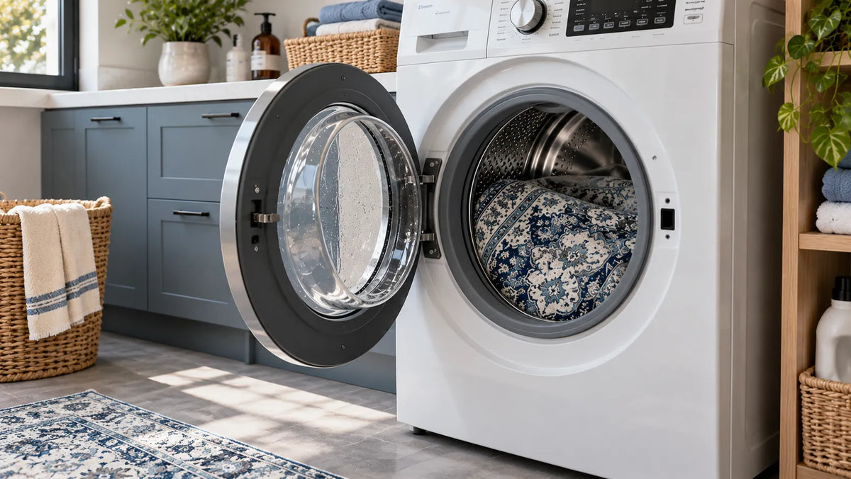 A white front-loading washing machine with its door open, showing a blue and white patterned garment inside the drum, set in a bright, modern laundry room.