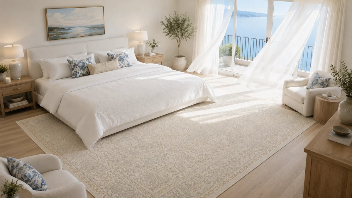 A large cream-colored area rug with a subtle traditional border pattern, styled in a bright, modern bedroom with a white king size bed, wooden nightstands, and a large window overlooking the water.