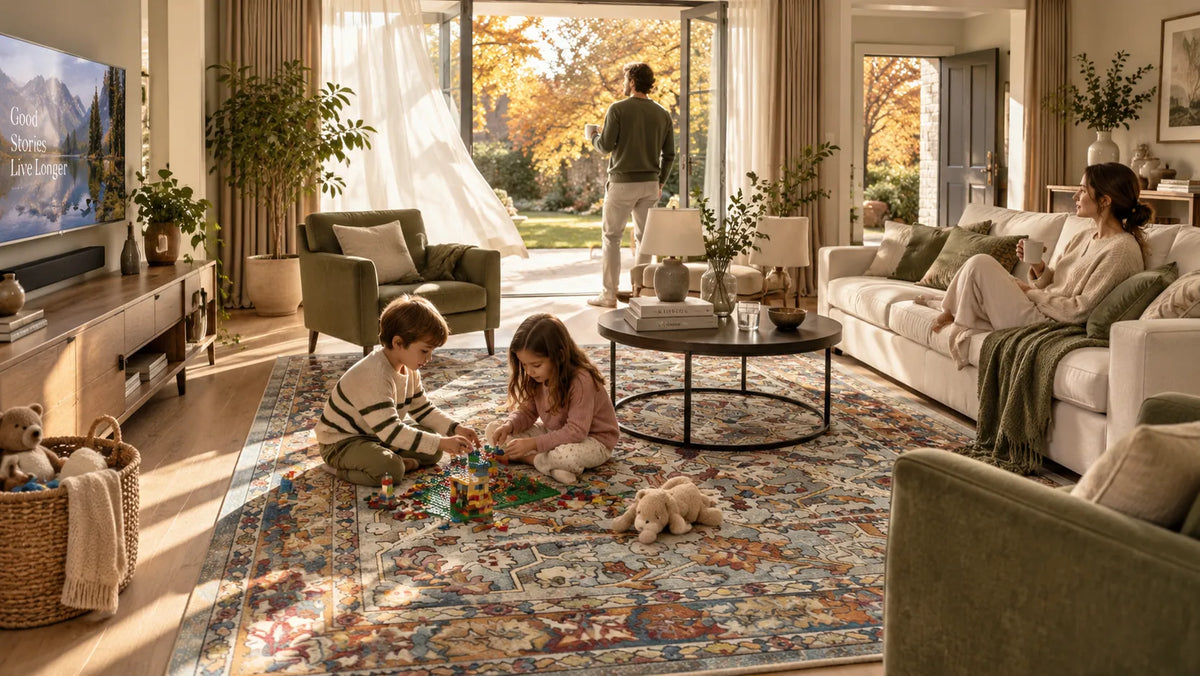 A family in a beautiful living room with a large, ornate multicolor area rug. A young boy and girl are sitting on the rug playing with toys, while a woman relaxes on a white sofa nearby and a man stands by the doors looking outside.