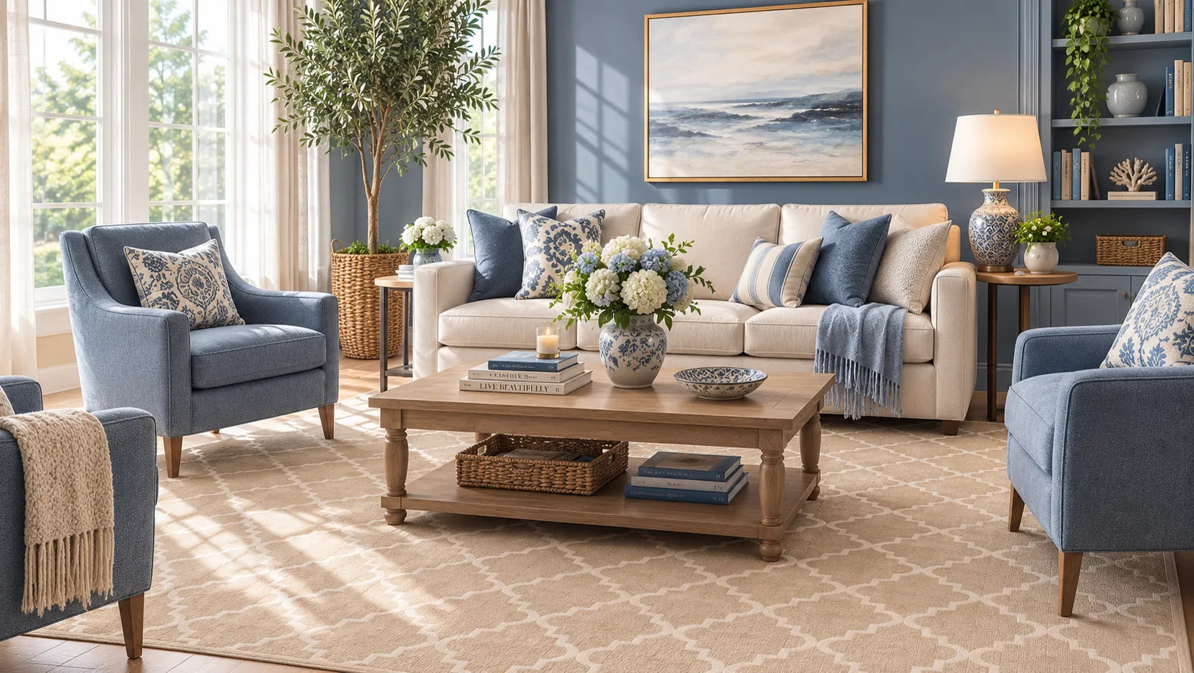 A beautifully styled living room featuring a cream sofa, two blue armchairs, a wooden coffee table, and a beige patterned lattice rug, with a blue wall and framed ocean art in the background.