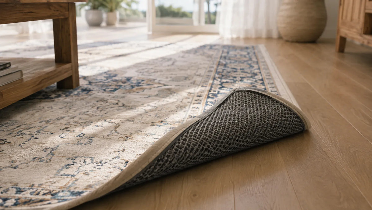 A traditional-style area rug with a beige and blue pattern is shown partially rolled up on a light wood floor in a bright, modern room.
