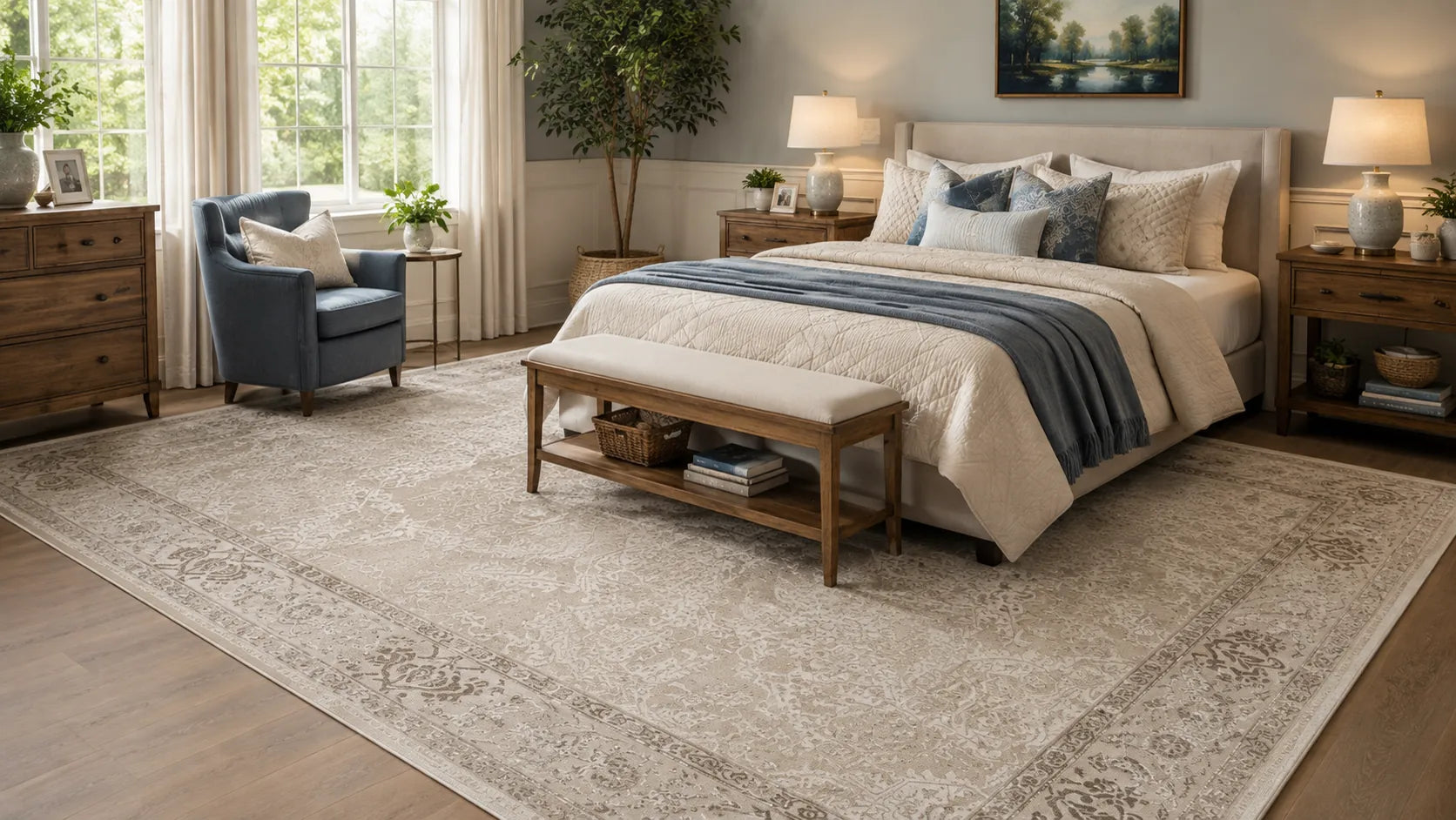 A large beige and cream patterned area rug styled in a modern bedroom setting with a bed, wooden nightstands, a blue armchair, and a bench at the foot of the bed.