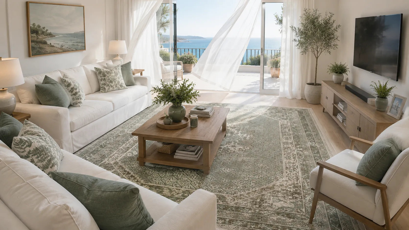 A bright, modern living room with a large white sofa, a wooden coffee table, a patterned area rug, and a matching armchair, all styled with green and gray accent pillows. The room is open to a balcony with a view of the ocean.