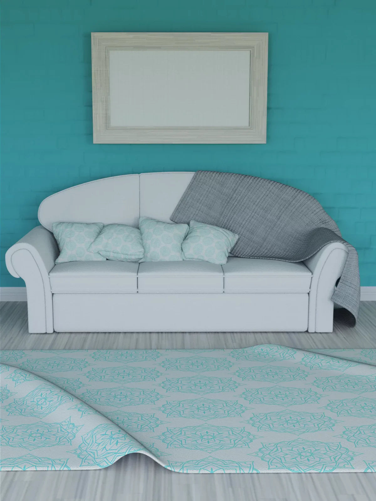 Modern living space with a turquoise-accented 3x5 rug featuring geometric patterns, placed in front of a white sofa with matching pillows and a gray throw blanket.