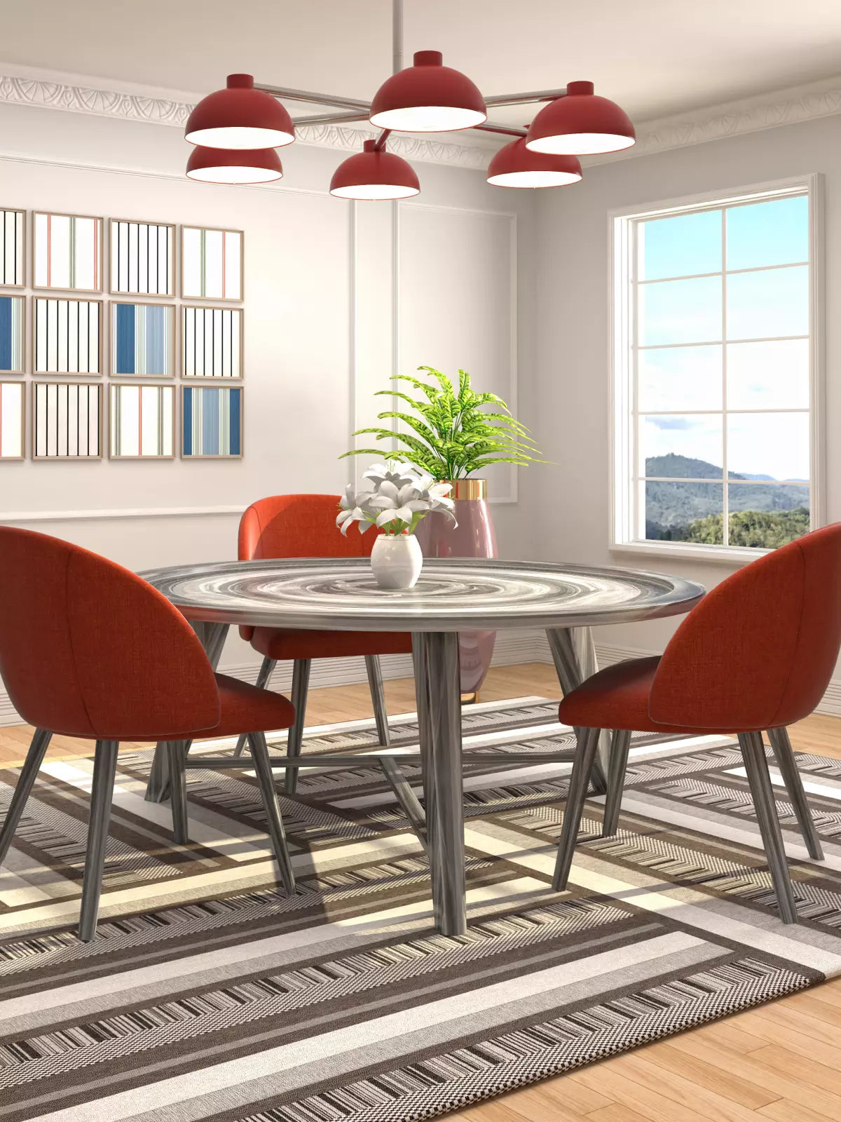 Modern dining room featuring a stylish, washable rug with geometric patterns, a round wooden table, and vibrant red chairs under contemporary lighting.
