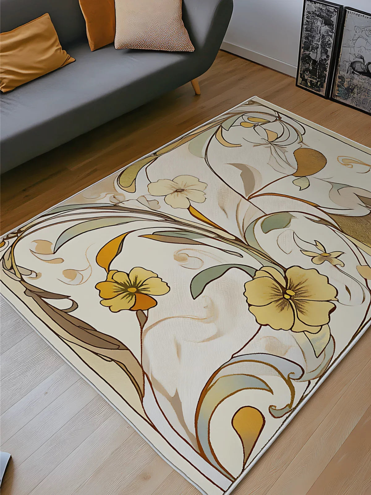 Elegant floral rug with delicate yellow and beige flower motifs, adding warmth and charm to a modern living room with neutral tones and cozy decor.