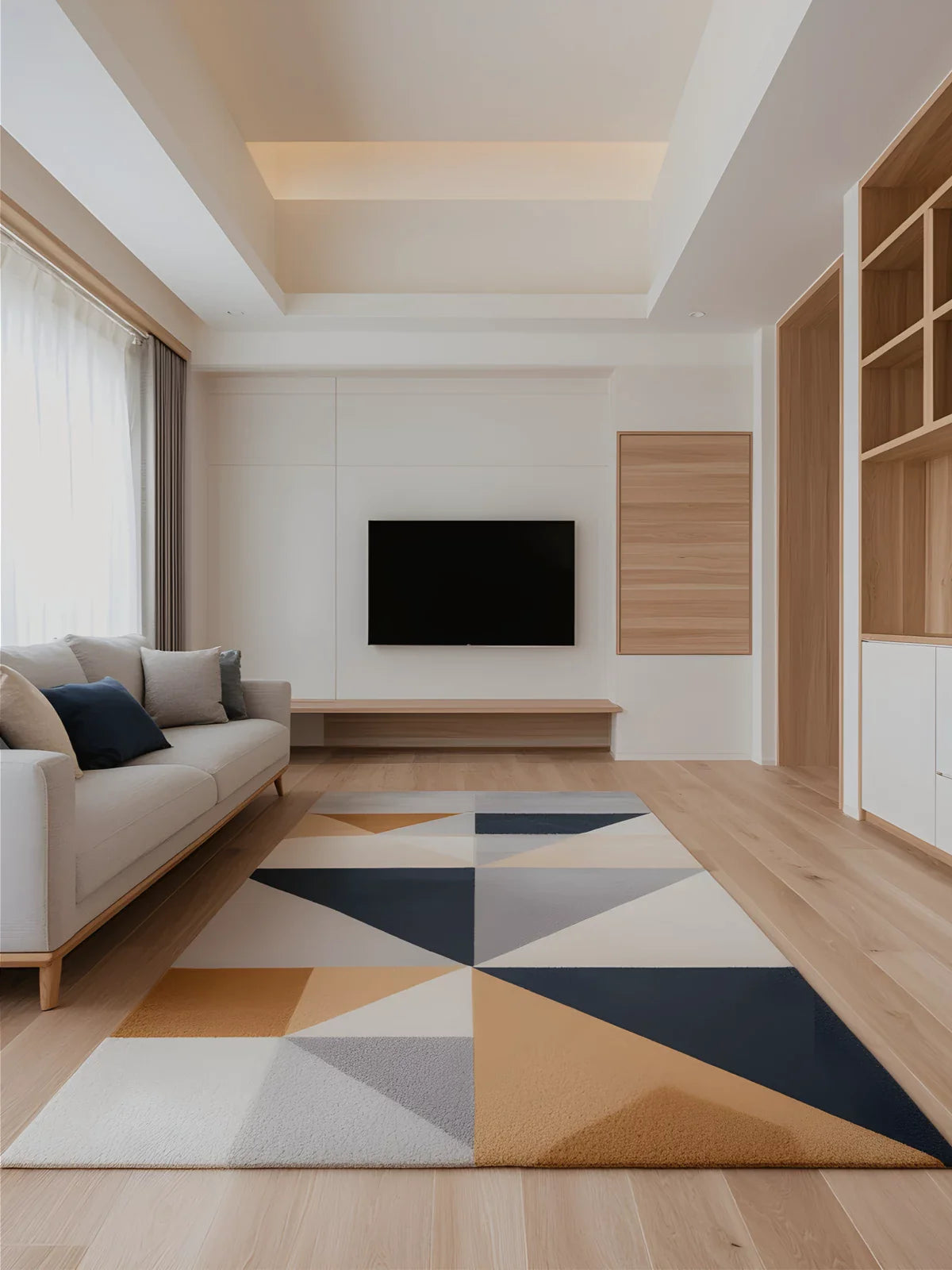 Modern living room featuring a bold geometric rug with navy, mustard, gray, and white triangular patterns, complementing a sleek minimalist interior.