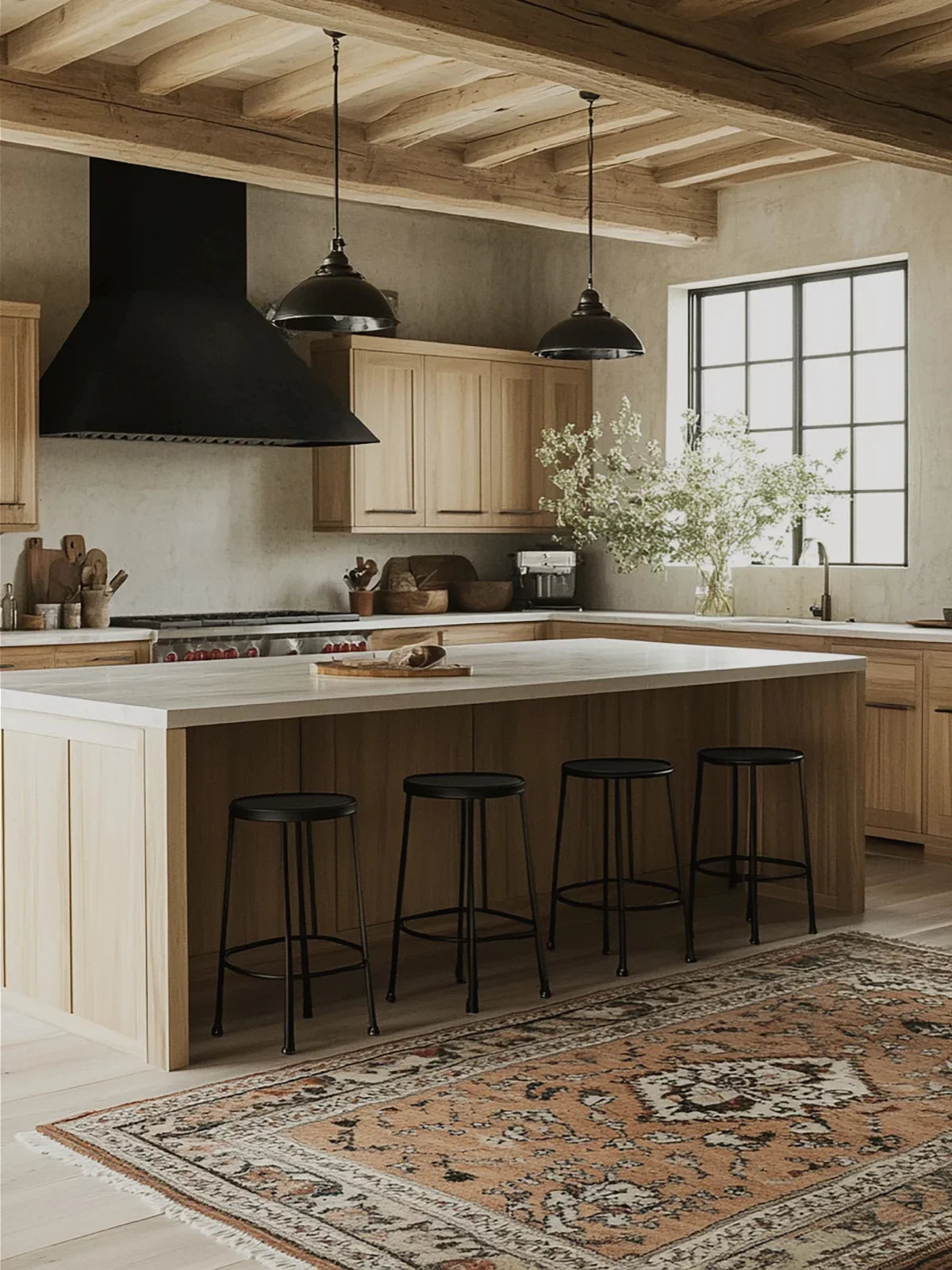 Rustic kitchen with a warm-toned vintage rug, wooden cabinetry, industrial pendant lights, and a modern island with black bar stools, creating a cozy and stylish atmosphere.