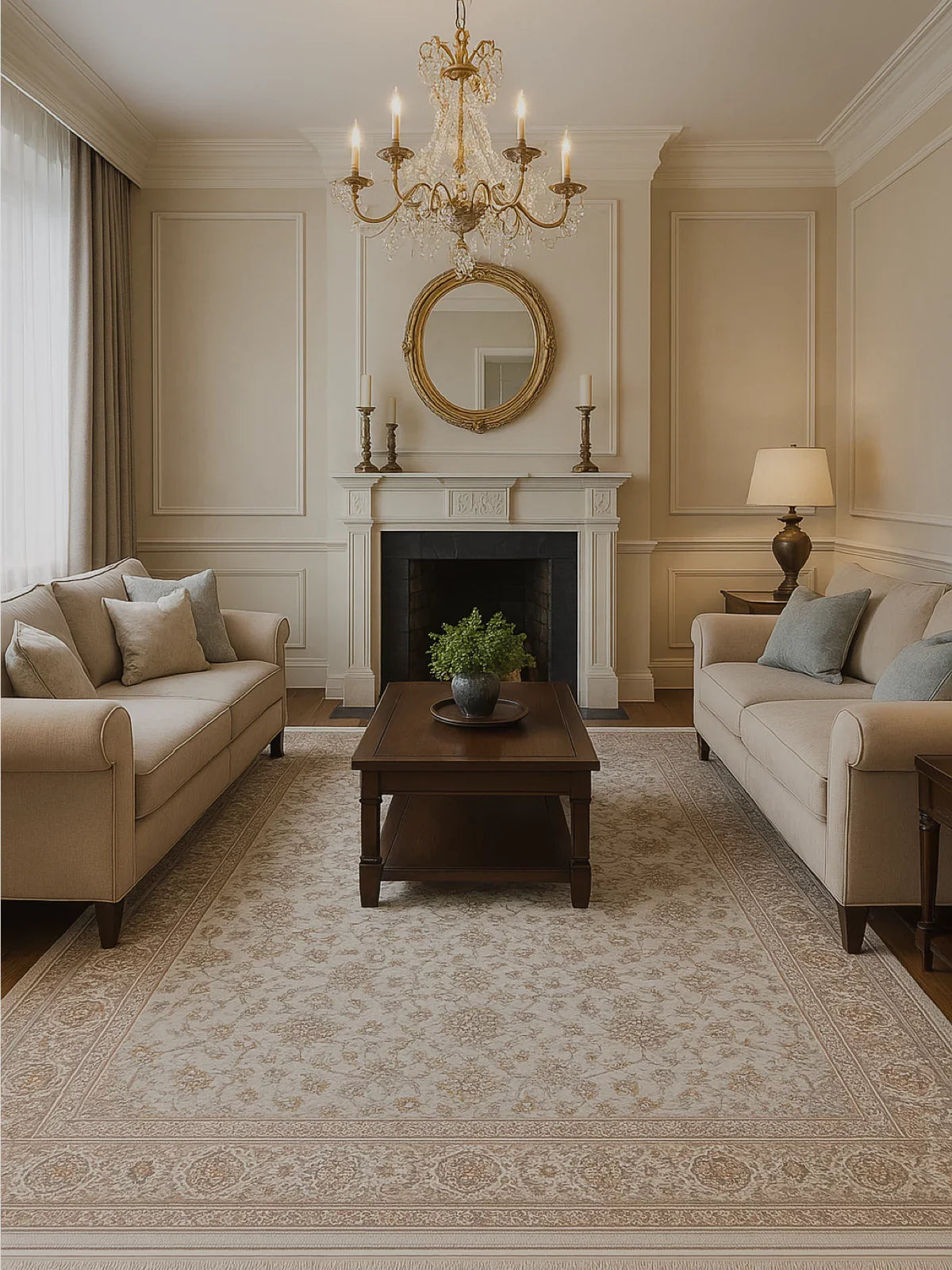 Elegant living room featuring a premium silk rug with intricate patterns, surrounded by neutral-toned sofas, a dark wood coffee table, and a classic chandelier above a fireplace.