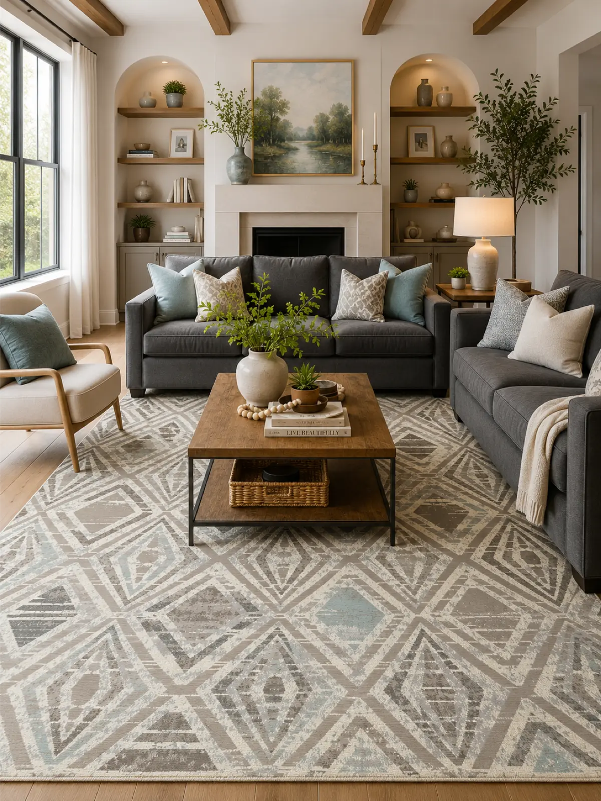 A styled living room featuring a large geometric area rug in gray, beige, and light blue tones, with a dark gray sofa, wooden coffee table, and fireplace in the background.