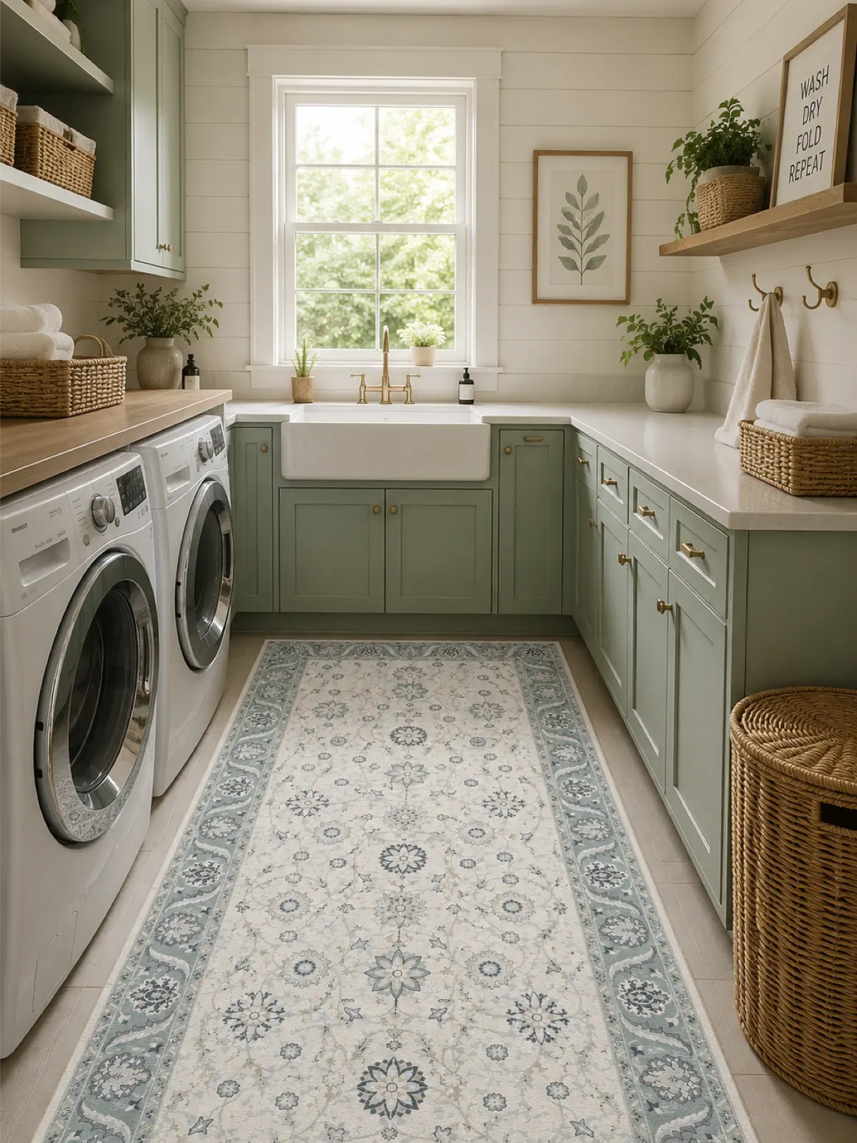 A bright, modern laundry room with sage green cabinets, white countertops, a farmhouse sink under a window, a patterned blue and cream runner rug, and a white washing machine and dryer on the left.