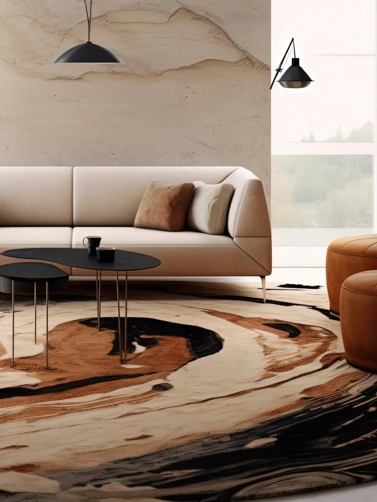 Marble Rugs collection banner of Bella Rugs. A modern sofa with marble effect rug.