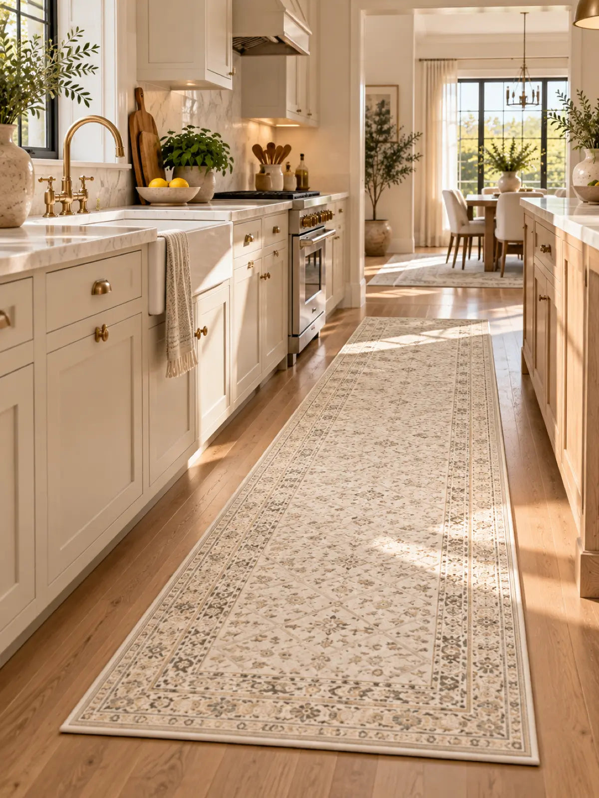 A long cream and beige patterned runner rug laid on a light wood kitchen floor, shown in a bright, modern kitchen with white cabinets, gold hardware, and natural sunlight streaming in from a window in the background.