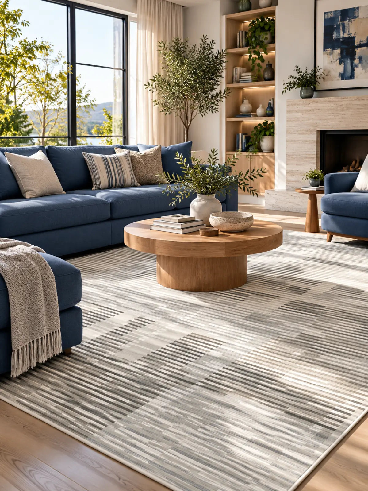 A modern living room featuring a large rectangular area rug with a gray and white abstract striped pattern. The rug is styled in a contemporary living space with a blue sectional sofa, a round wooden coffee table, and a fireplace in the background.