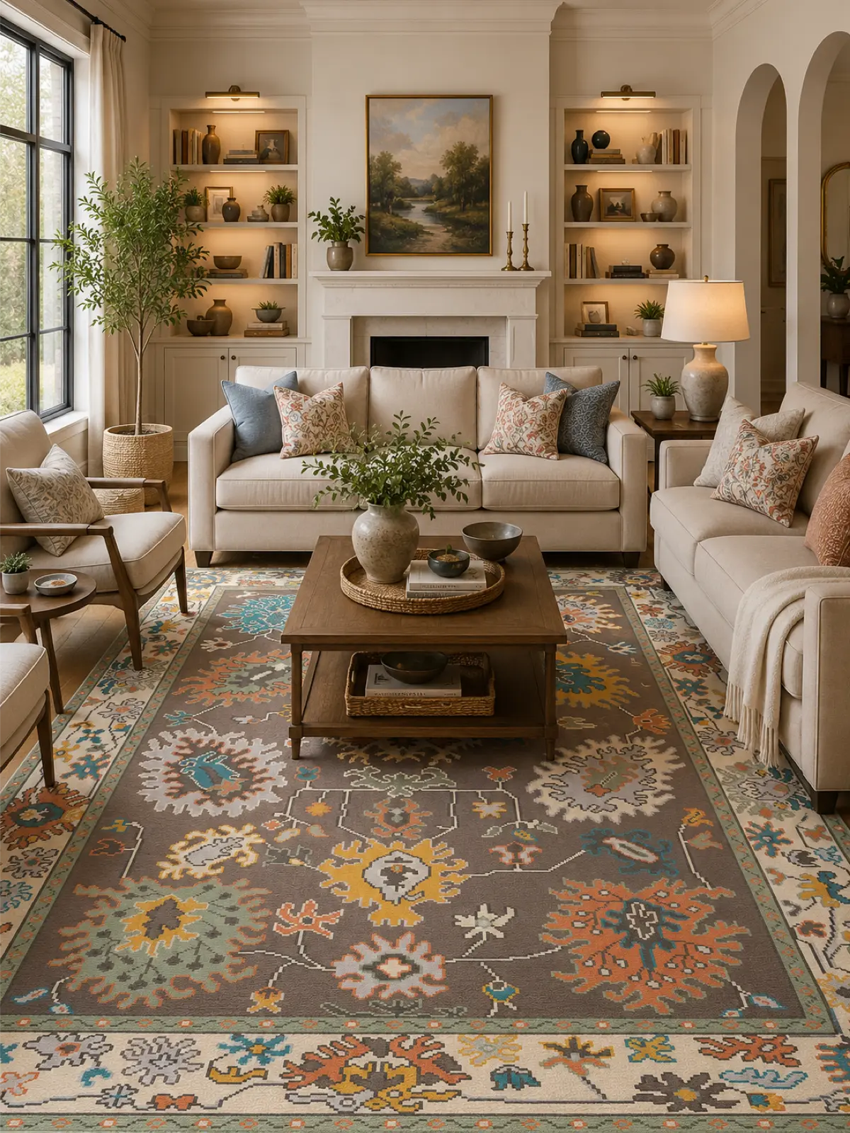 A large rectangular suzani area rug with an intricate floral and medallion pattern in brown, beige, orange, and teal, styled in a beautifully decorated living room with a wooden coffee table, cream sofas, and built-in shelves.