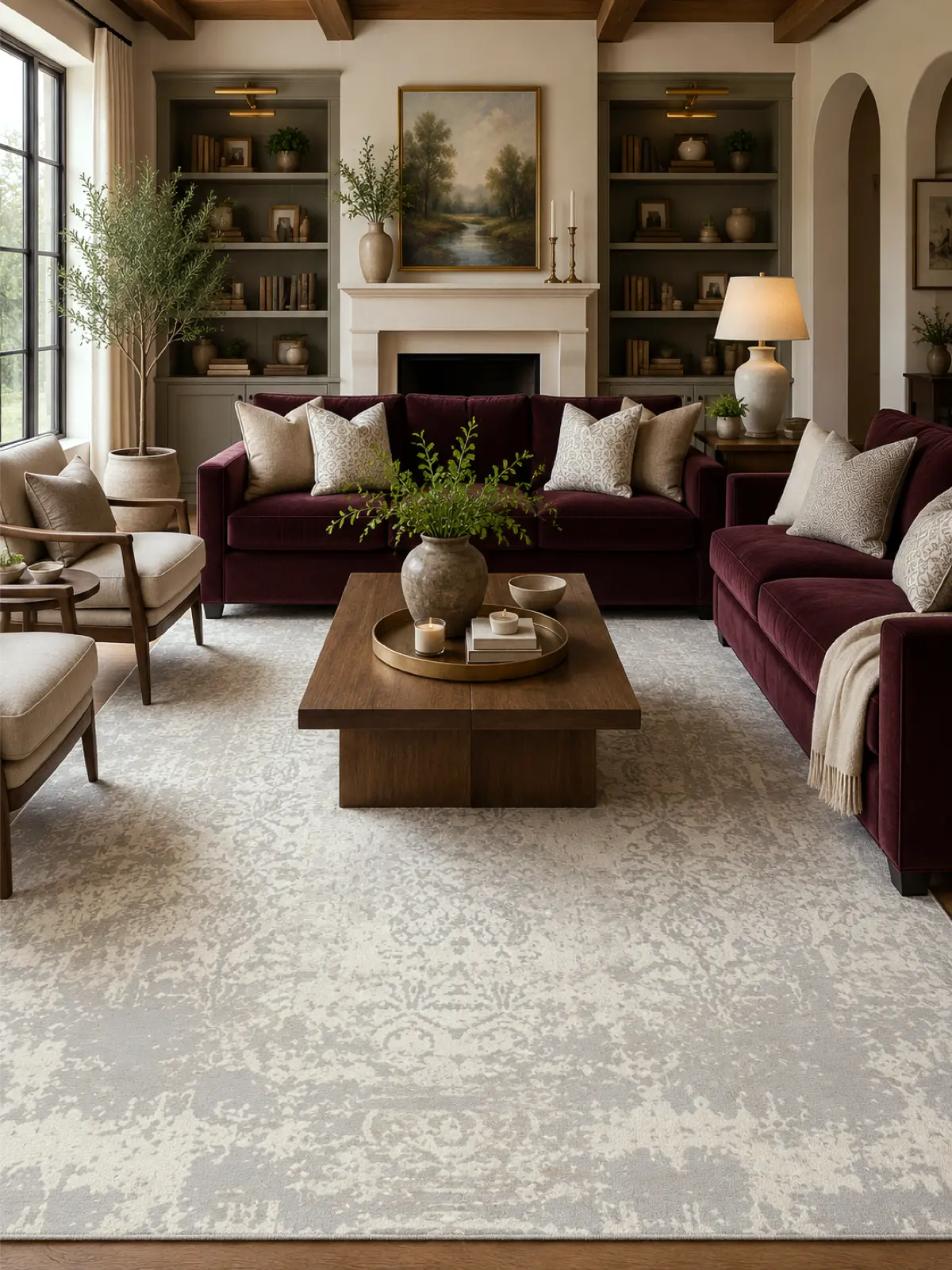 A large transitional area rug in beige and gray tones covers the floor of a beautifully styled living room with deep burgundy sofas, a wooden coffee table, and built-in shelves.