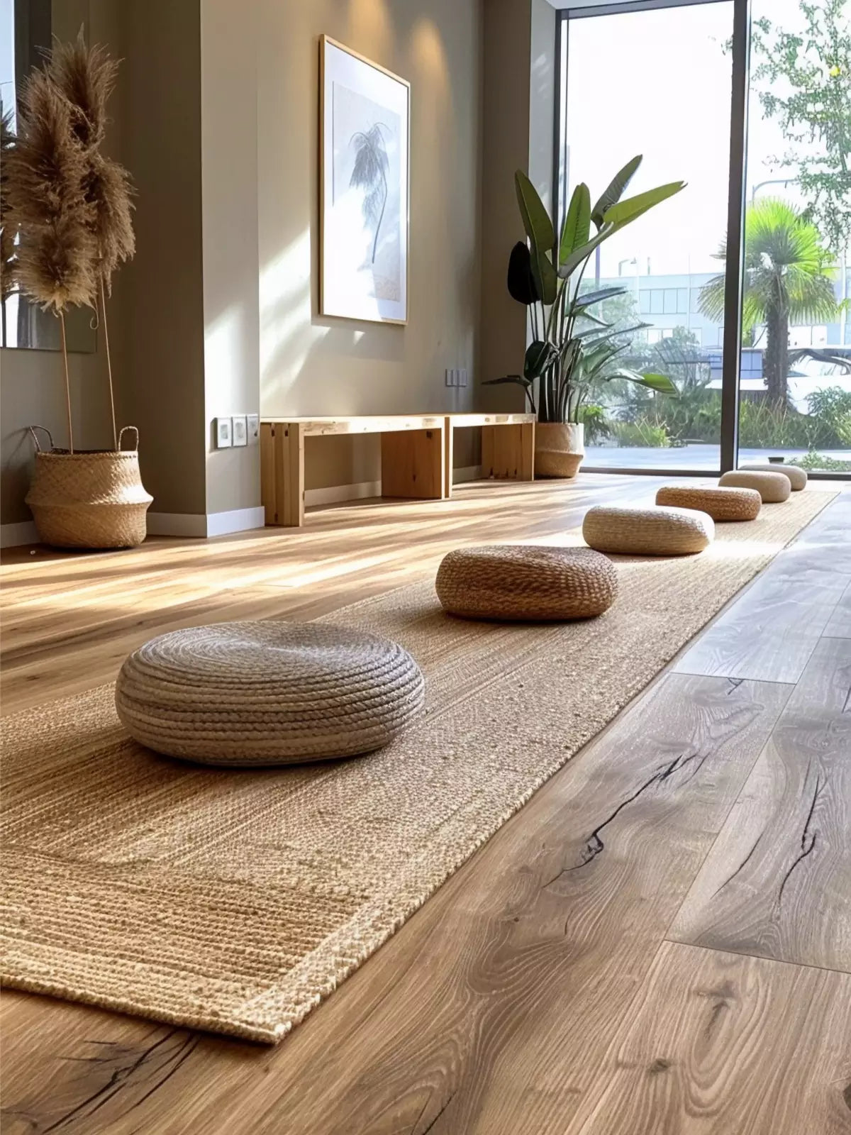 A long, textured runner rug in a bright, modern space with natural light, woven cushions, and minimalist wooden decor.