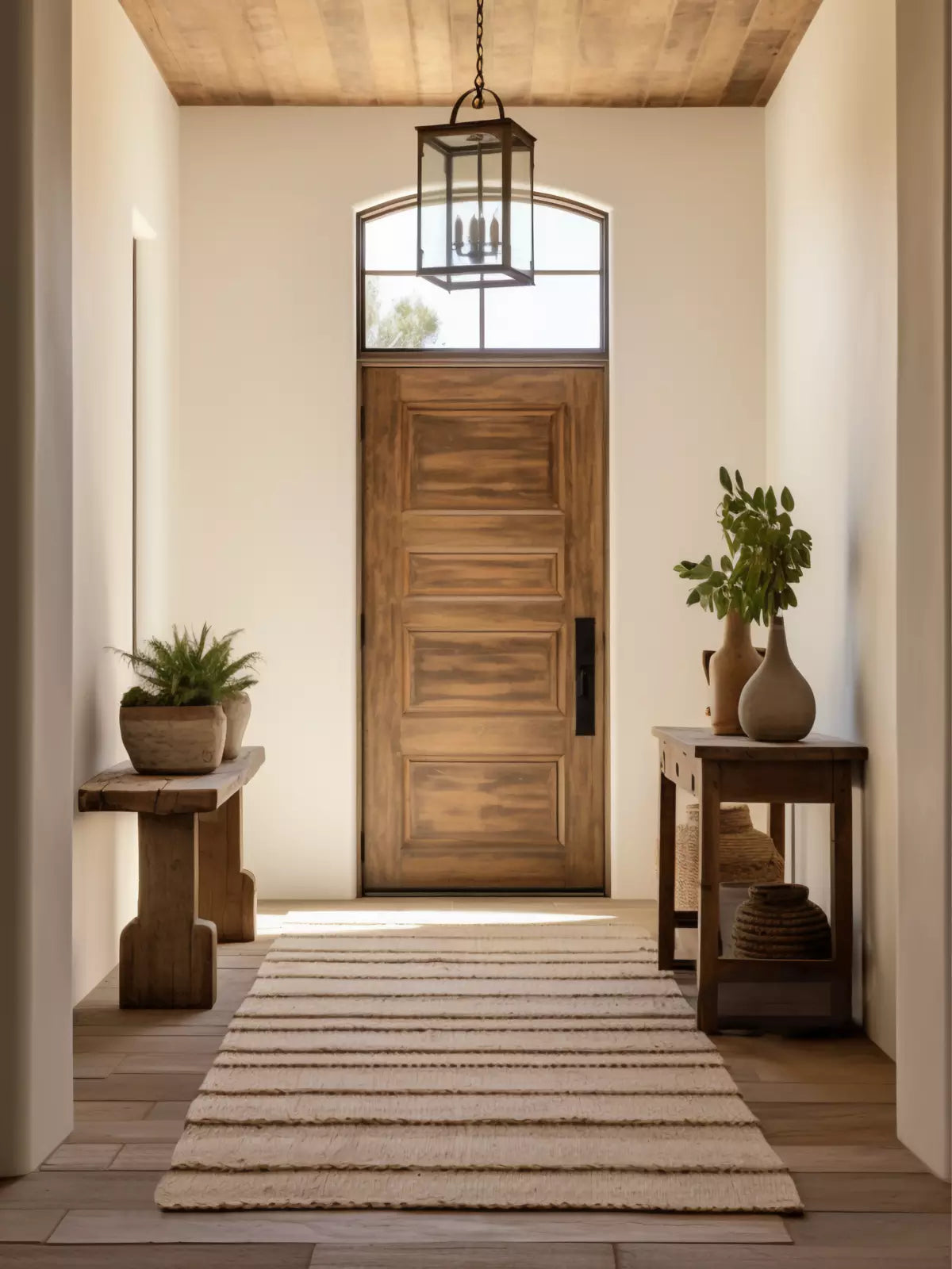 Warm and inviting entryway featuring a neutral-toned striped rug, a rustic wooden door, natural wood furniture, and decorative greenery for a cozy and elegant ambiance.
