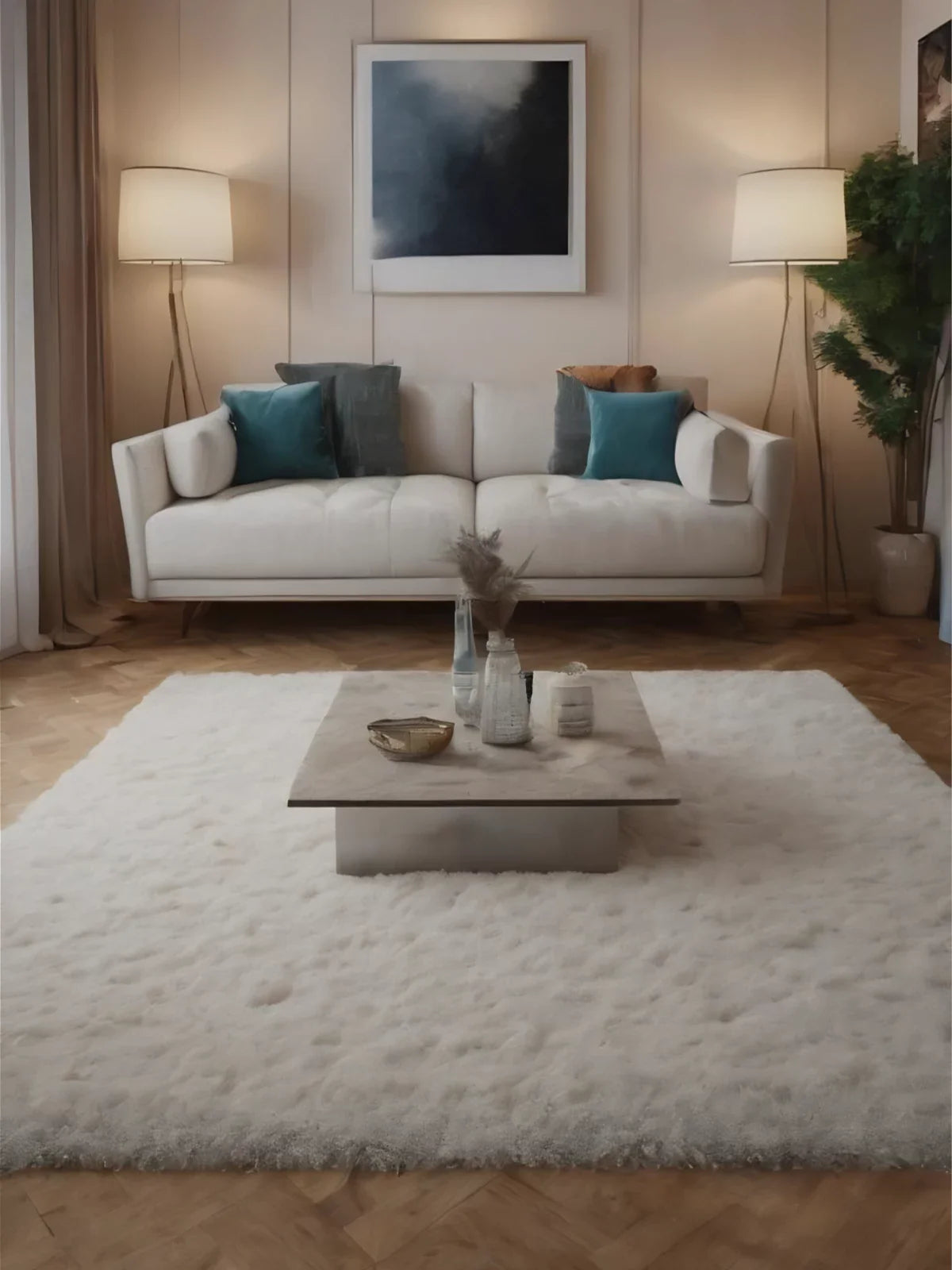 Elegant living room featuring a plush white ivory rug, a modern neutral-toned sofa, and a minimalist coffee table for a sophisticated and cozy ambiance.