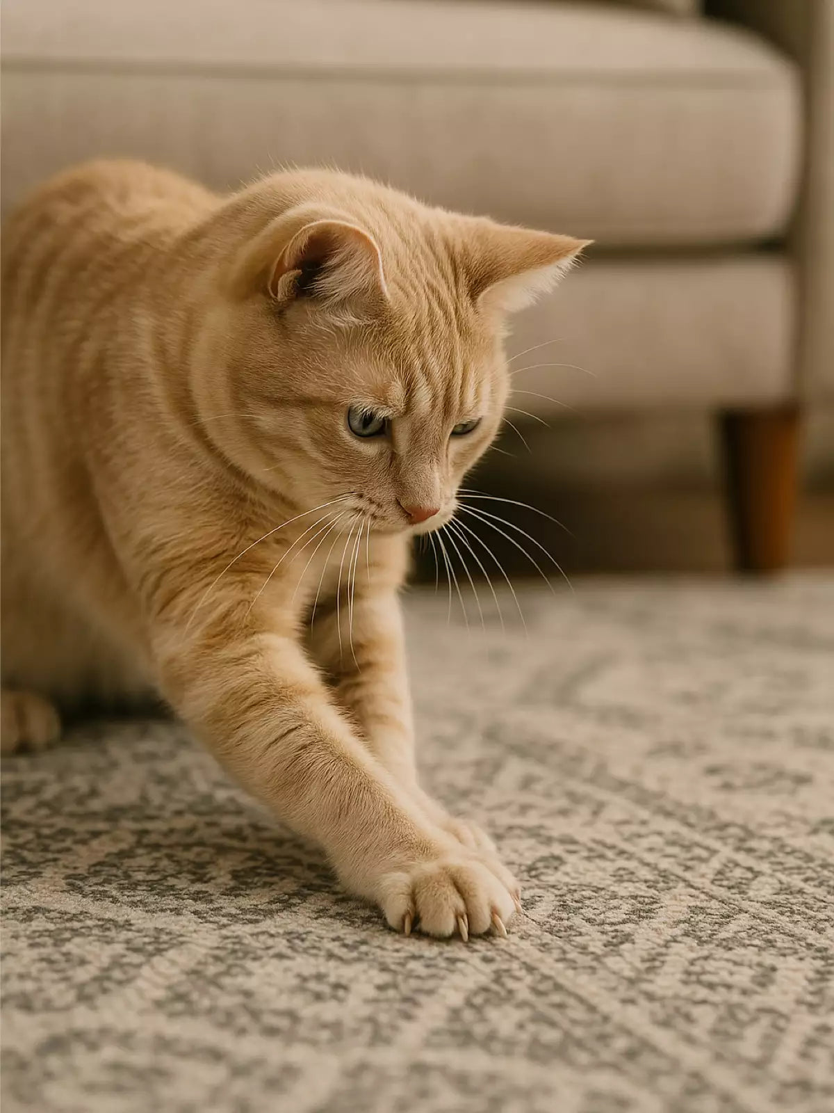 A cream-colored cat scratching a patterned rug in a living room, demonstrating the rug’s durability and pet-friendly design.