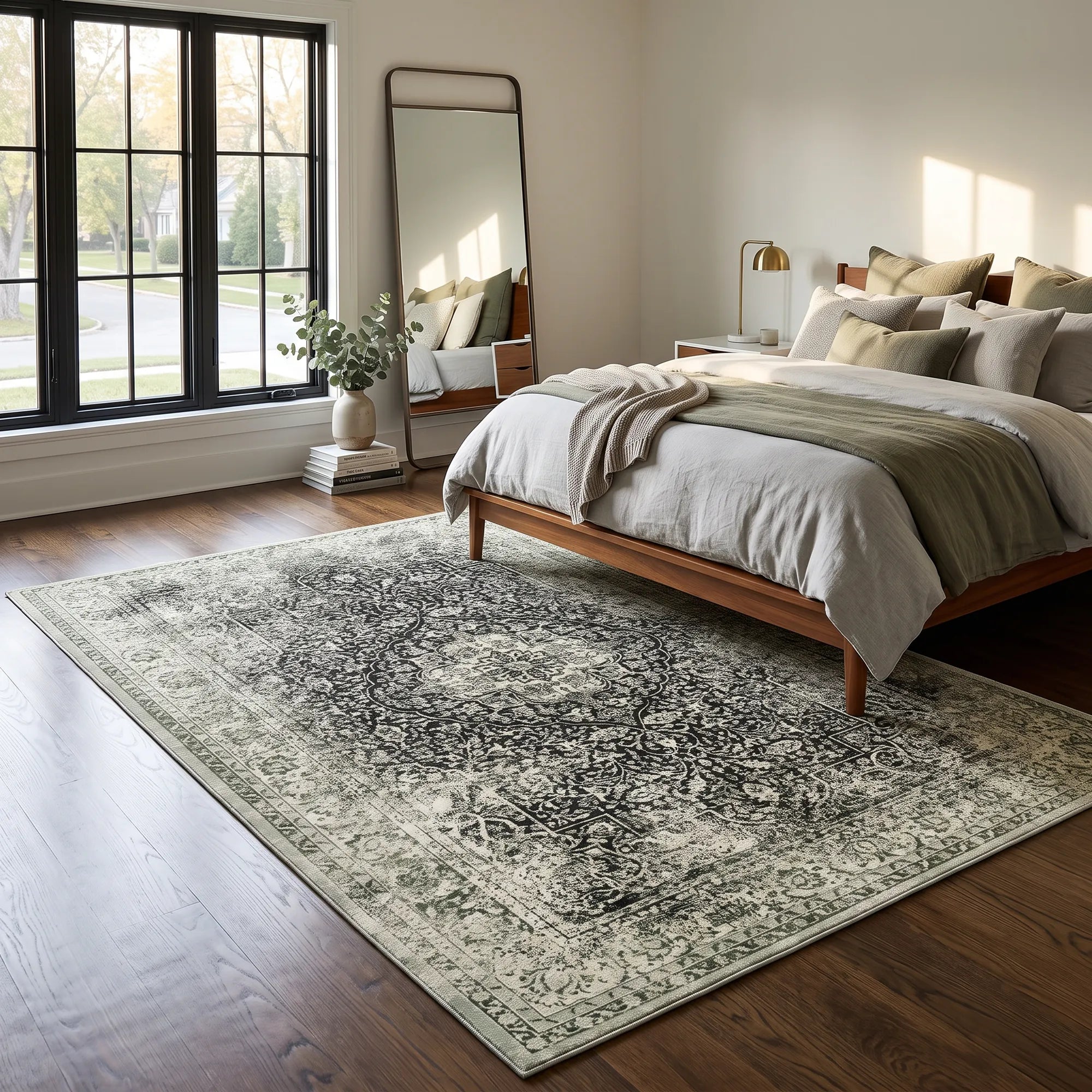 A large rectangular area rug with an ornate distressed medallion pattern in cream, beige, and charcoal gray, styled on a dark wood floor in a bright, modern bedroom with a wooden bed and tall mirror.