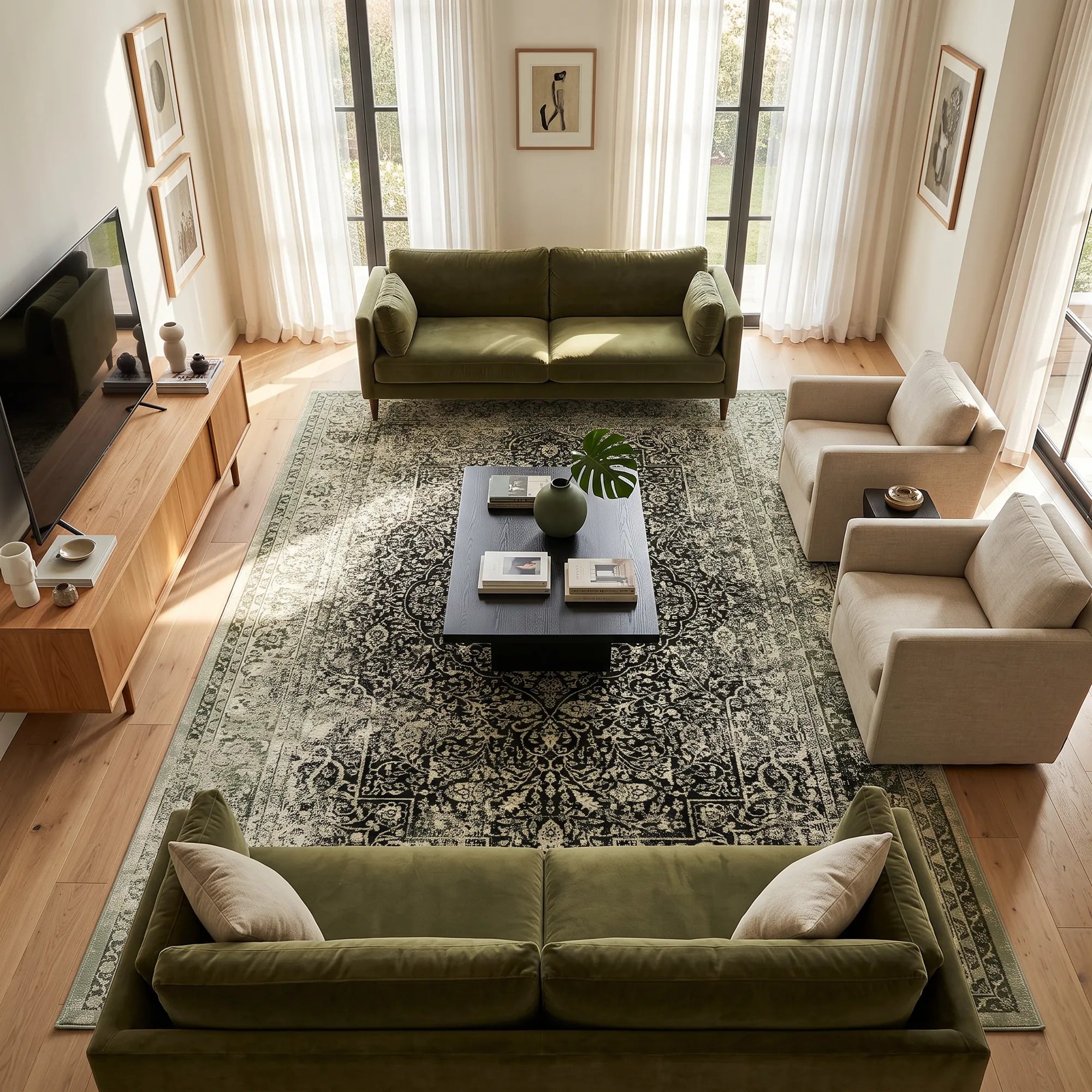 A green and black rug in a living room with green 2 couches, beige 2 armchairs, a coffee table and TV unit.