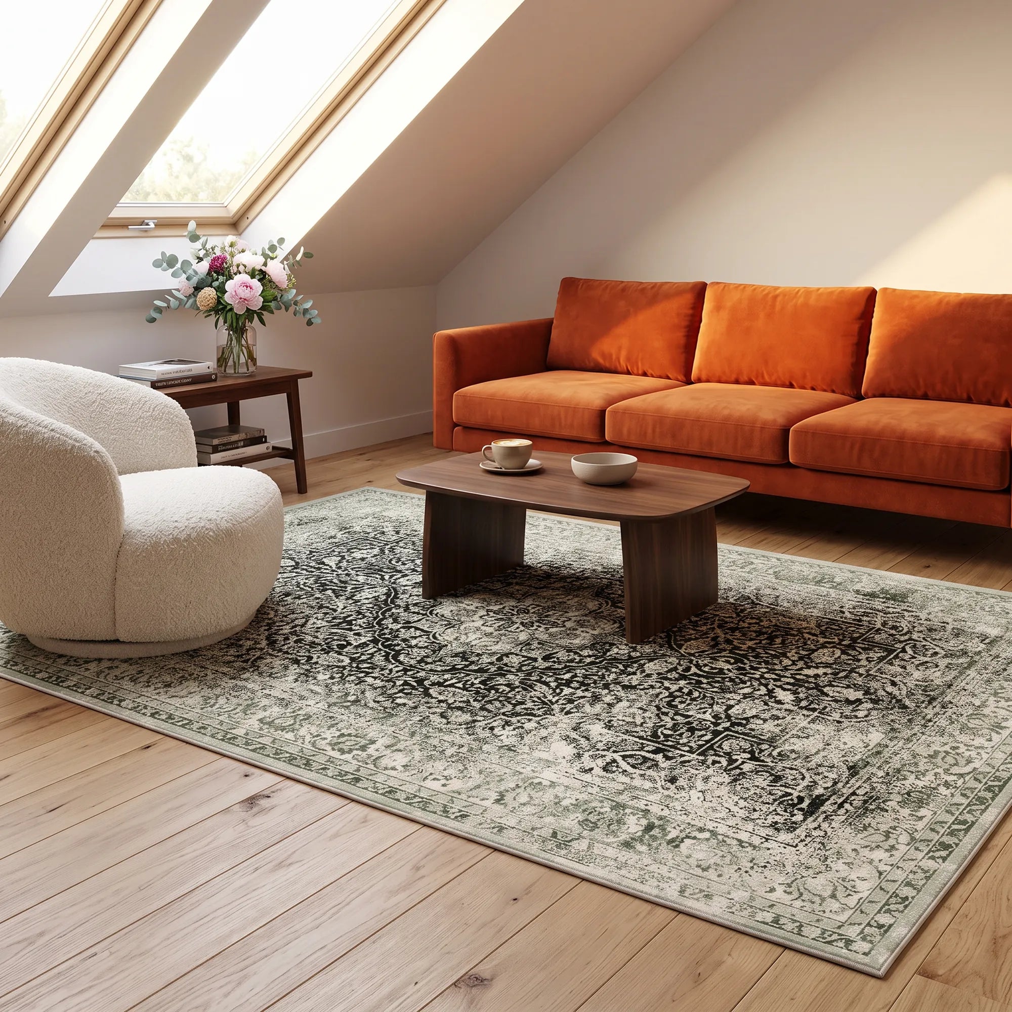 A large distressed green area rug with a faded green and beige traditional pattern, styled in a bright attic living room with a wooden coffee table, an orange sofa, and a cream boucle armchair.