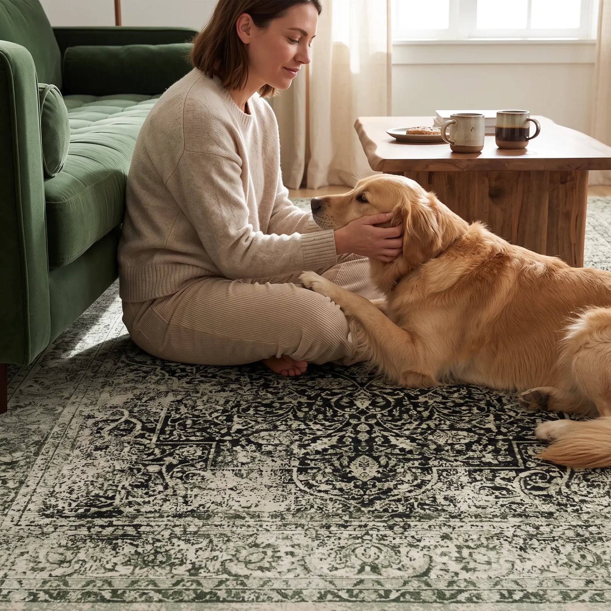 A woman sitting on a gray and black rug in living room with her golden dog. There is a green couch, wooden coffee table. Golden retriever dog plays on green rug.