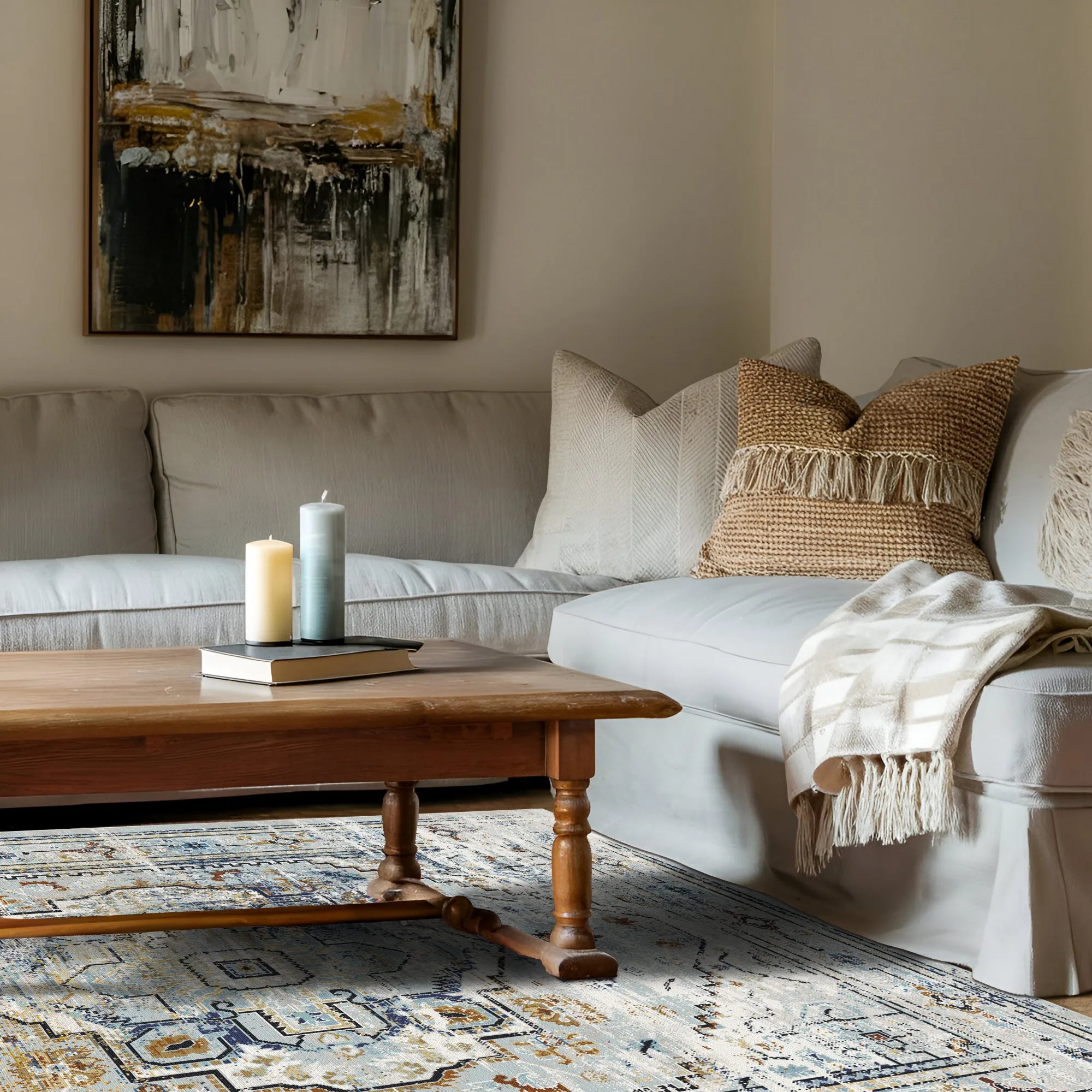 Вивітрений синій геометричний килим медальйон