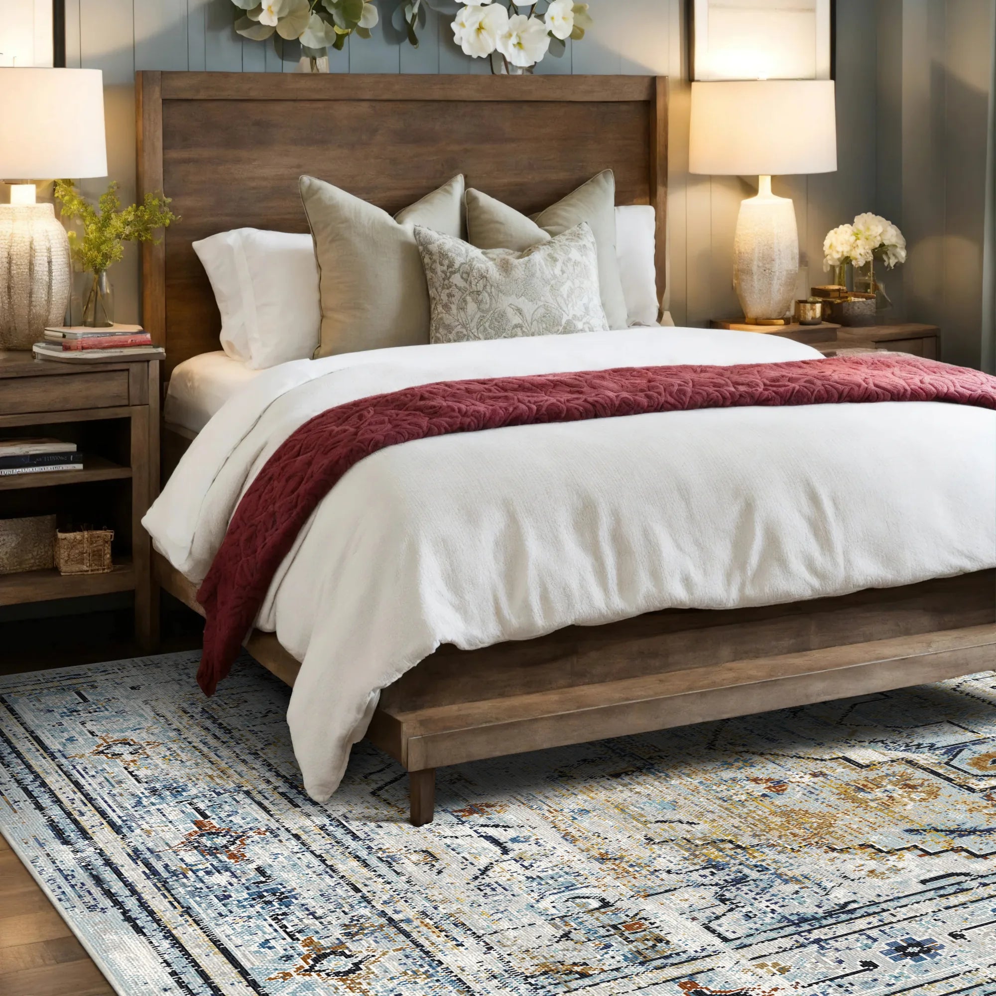 Вивітрений синій геометричний килим медальйон