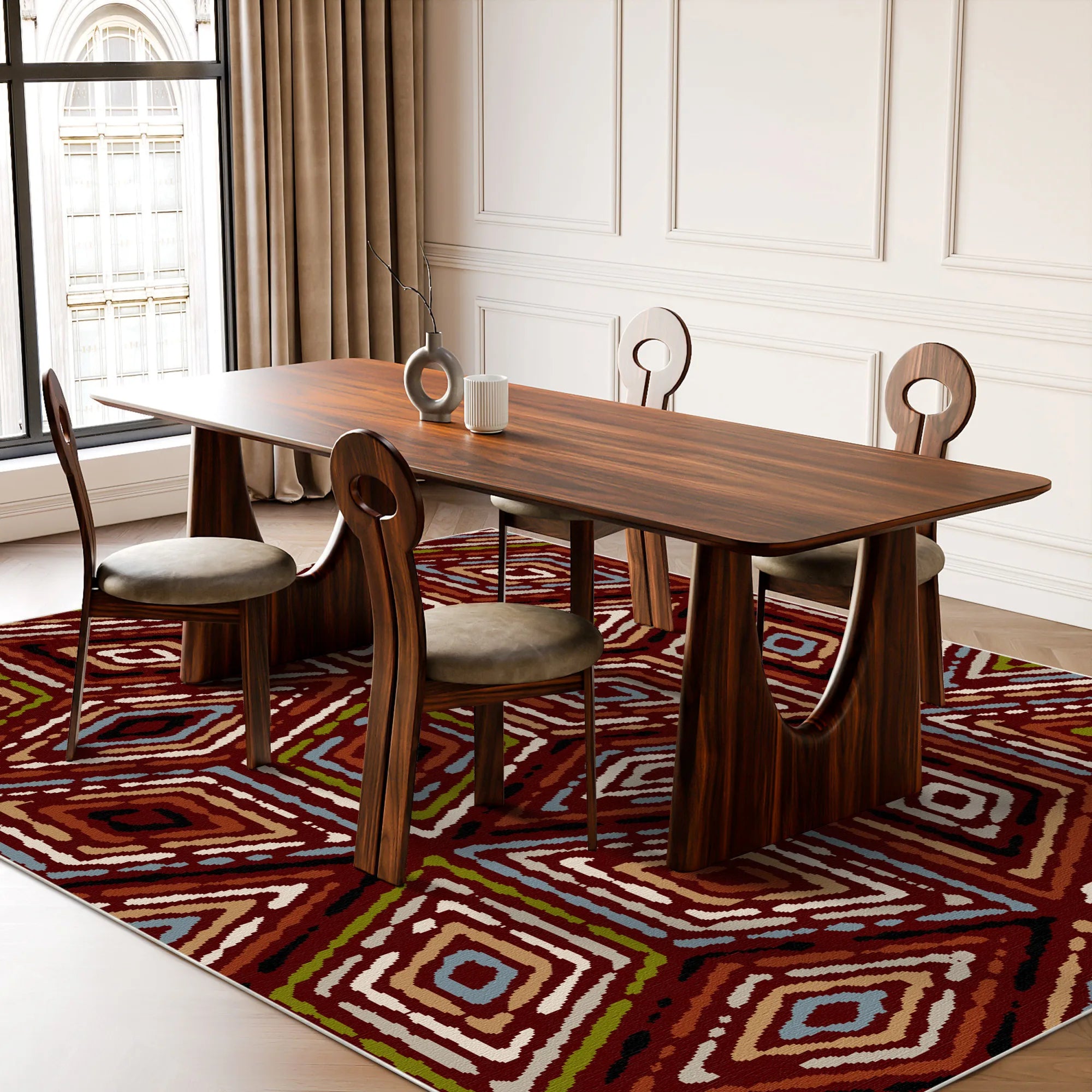 Сільський червоний племінний килим з діамантами